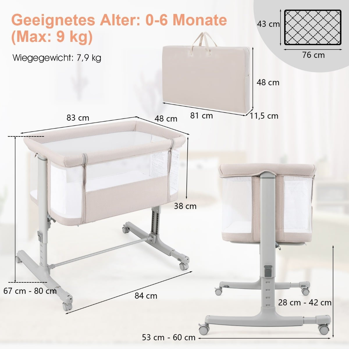 3-in-1 Baby Crib, Bassinet & Bedside Sleeper with Mattress