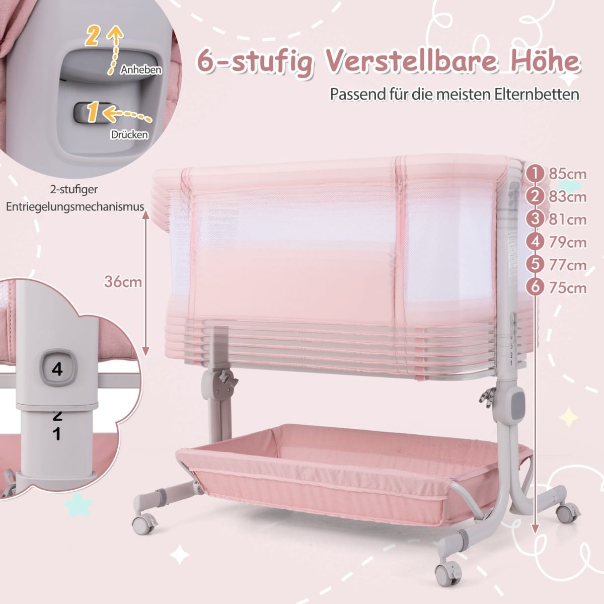 3-in-1 Baby Crib with Mattress, Adjustable Height, Pink