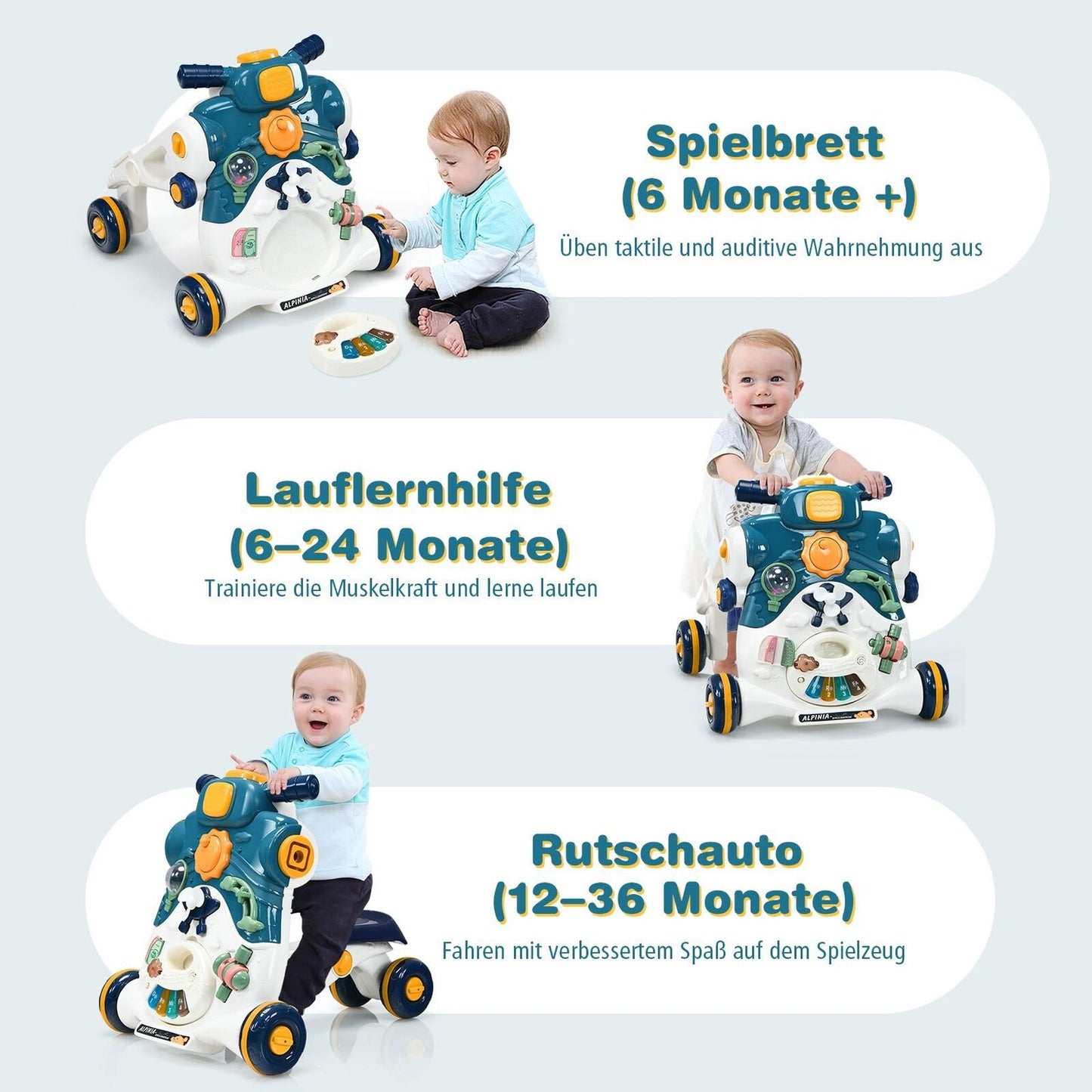 3-in-1 Baby Walker with Lights, Music & Activity Board