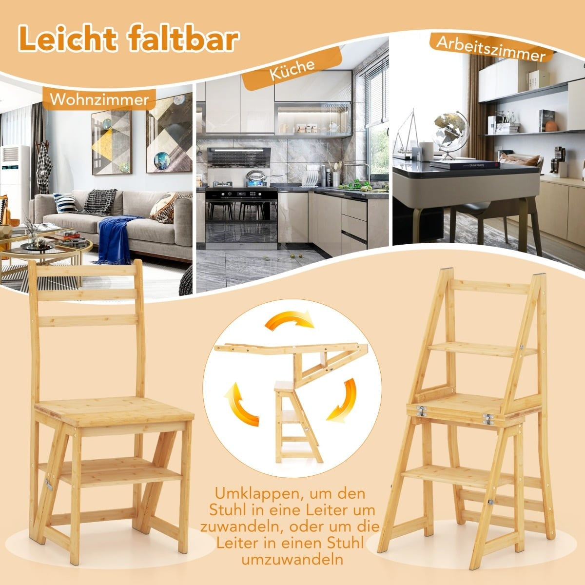 3-in-1 Bamboo Step Stool, Chair & Plant Stand, Foldable