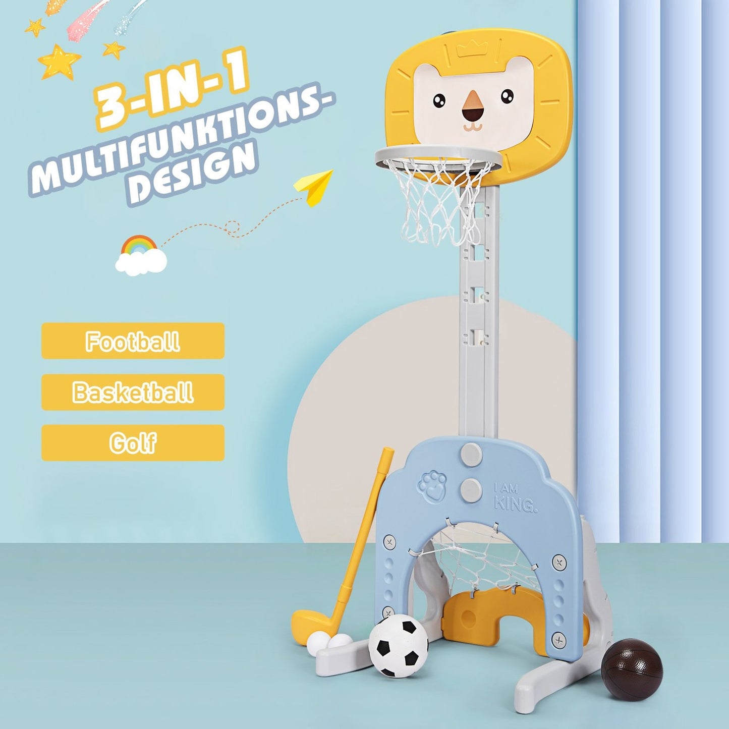 3-in-1 Basketball Hoop Set Basketball Hoop with Adjustable Height Lightweight & Stable Basketball Set Yellow + Blue
