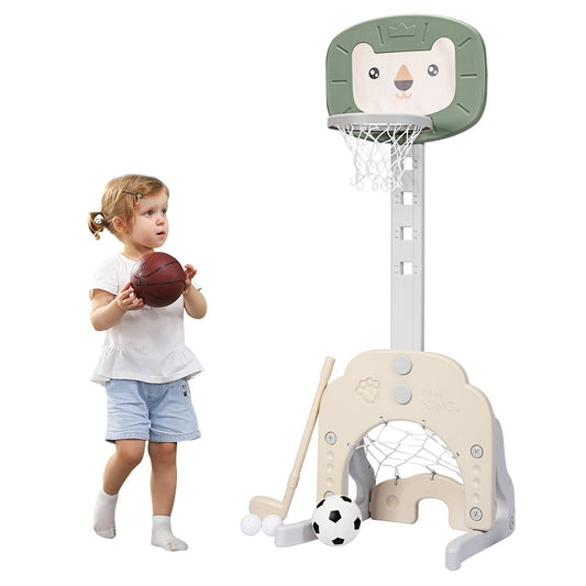 3-in-1 Basketball Hoop Set Toddler Basketball Hoop with Adjustable Height Basketball Football Golf Set Green + White
