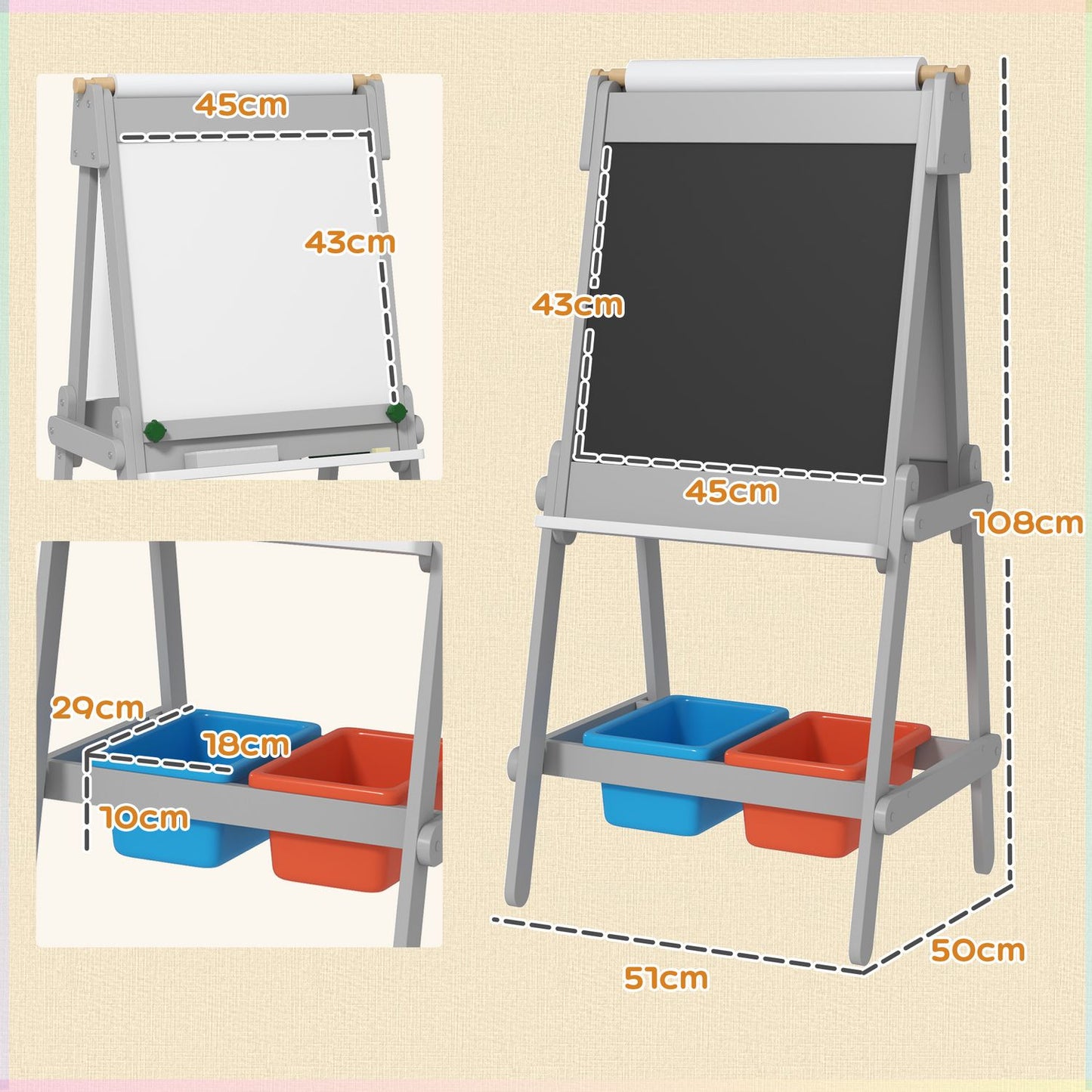 3-in-1 children's easel: blackboard, whiteboard, storage - gray
