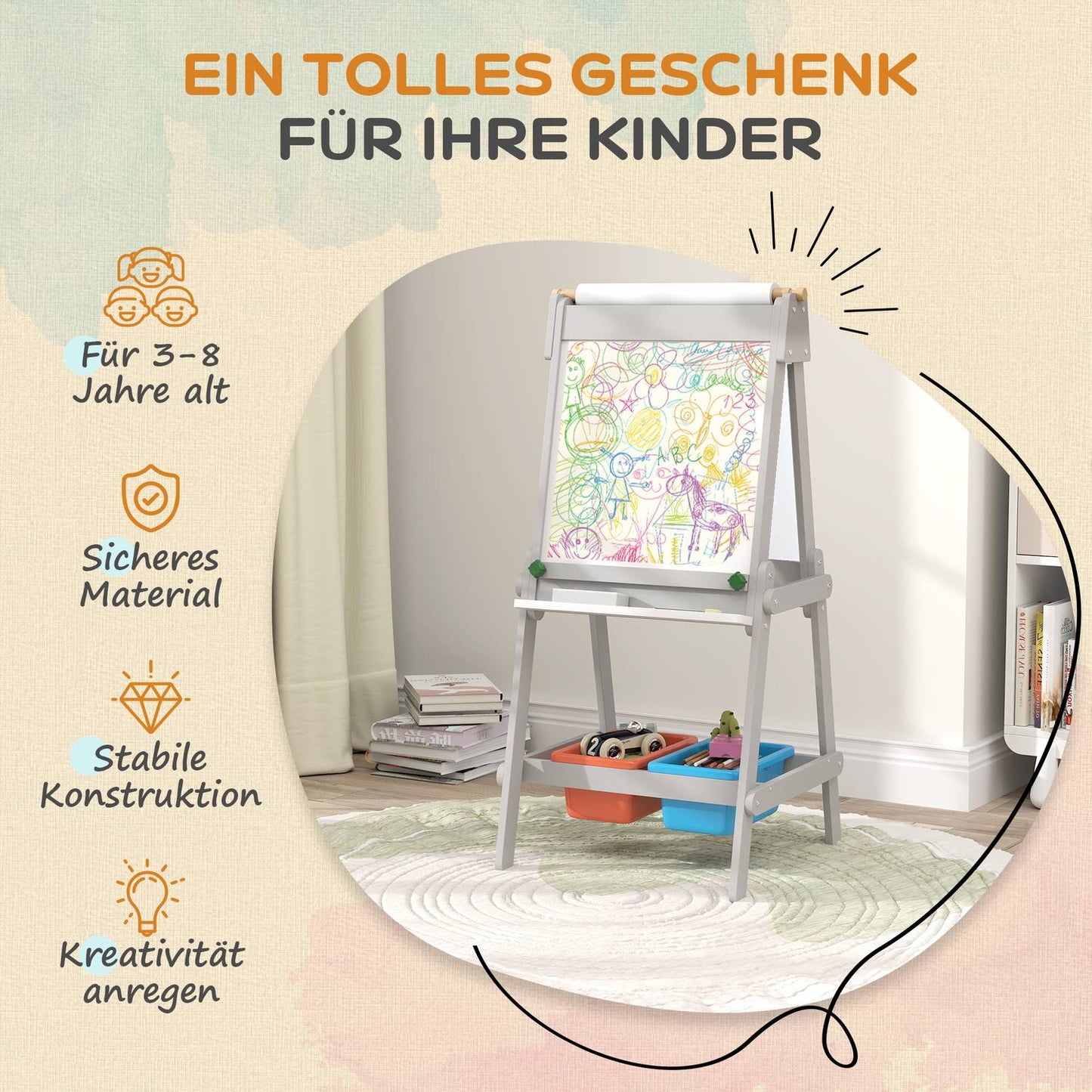 3-in-1 children's easel: blackboard, whiteboard, storage - gray