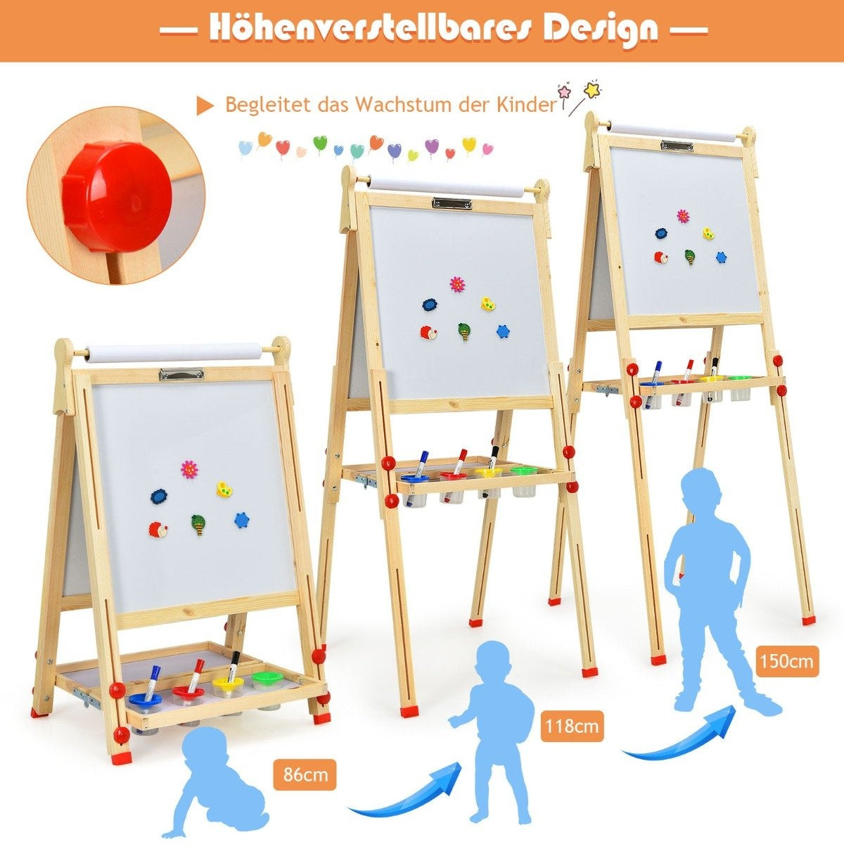 3 in 1 Children's Double-Sided Wooden Easel with Whiteboard & Chalkboard & Drawing Paper