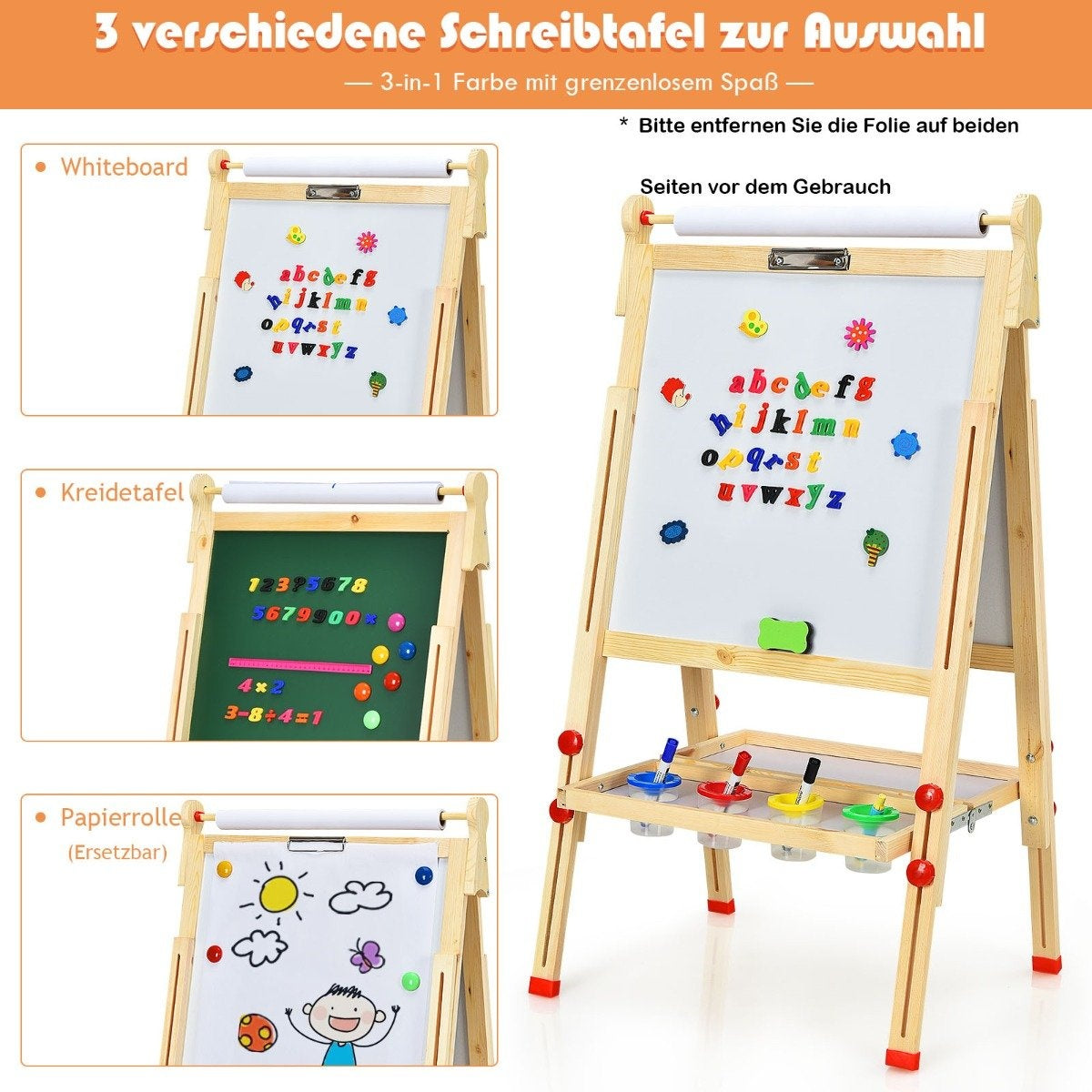 3 in 1 Children's Double-Sided Wooden Easel with Whiteboard & Chalkboard & Drawing Paper