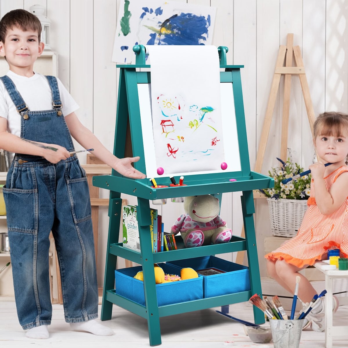 3 in 1 Children's Easel Children's Board Double-Sided Whiteboard & Chalkboard & Drawing Paper 59 x 50 x 117 cm Blue