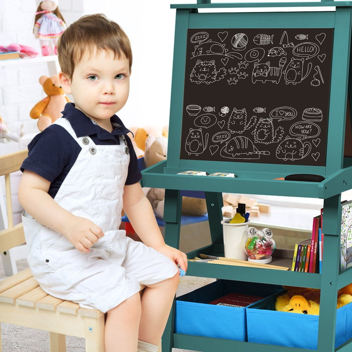 3 in 1 Children's Easel Children's Board Double-Sided Whiteboard & Chalkboard & Drawing Paper 59 x 50 x 117 cm Blue
