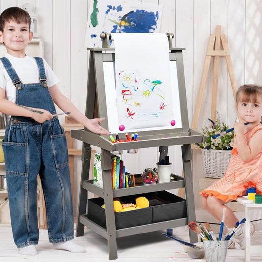3 in 1 Children's Easel Children's Board Double-Sided Whiteboard & Chalkboard & Drawing Paper for Toddlers Grey