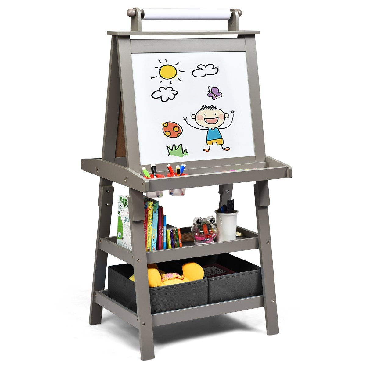 3 in 1 Children's Easel Children's Board Double-Sided Whiteboard & Chalkboard & Drawing Paper for Toddlers Grey