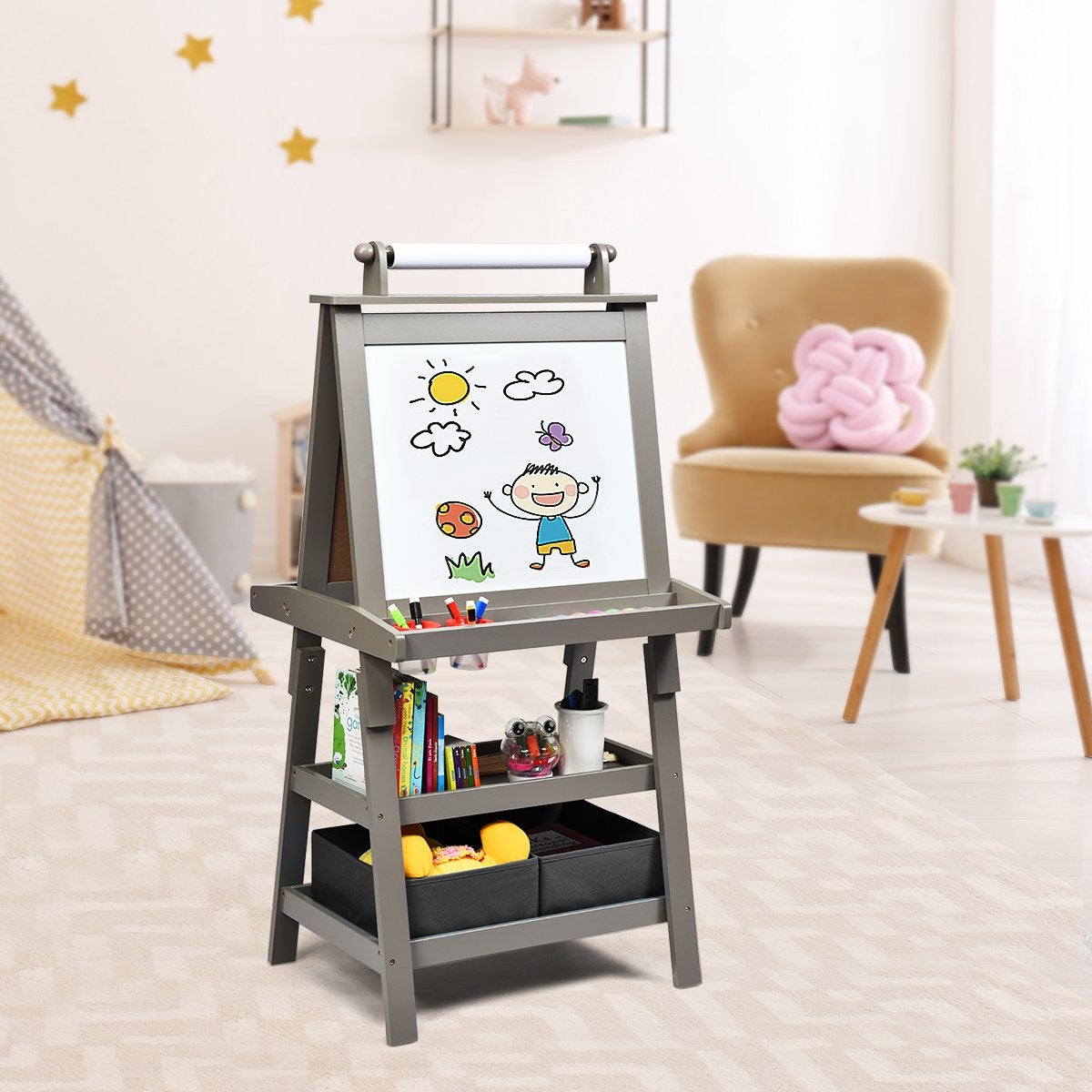 3 in 1 Children's Easel Children's Board Double-Sided Whiteboard & Chalkboard & Drawing Paper for Toddlers Grey
