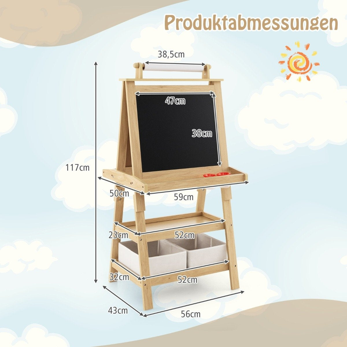 3 in 1 Children's Easel Double-Sided Whiteboard & Chalkboard & Drawing Paper Natural