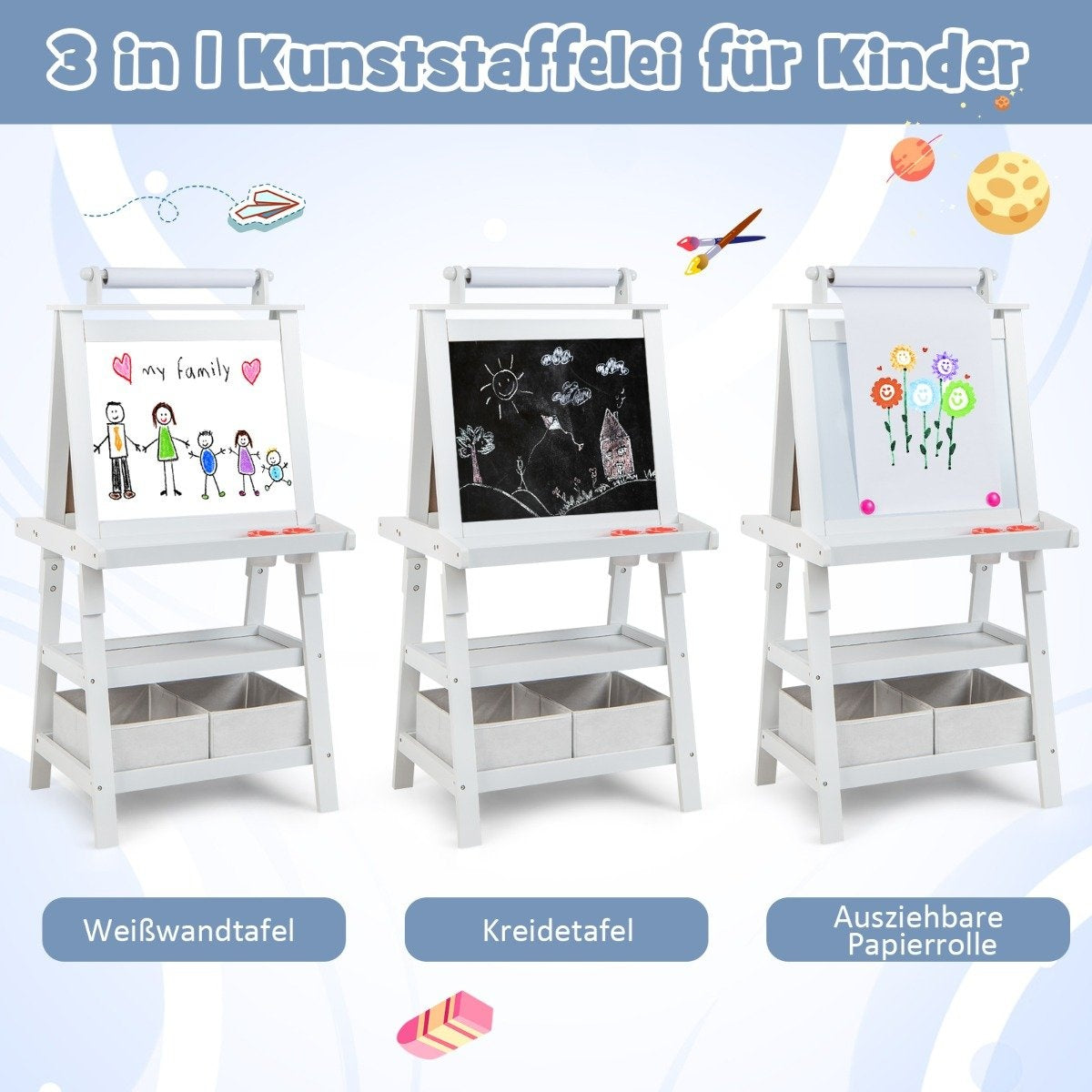 3 in 1 Children's Easel Double-Sided Whiteboard & Chalkboard & Drawing Paper Standing Board White