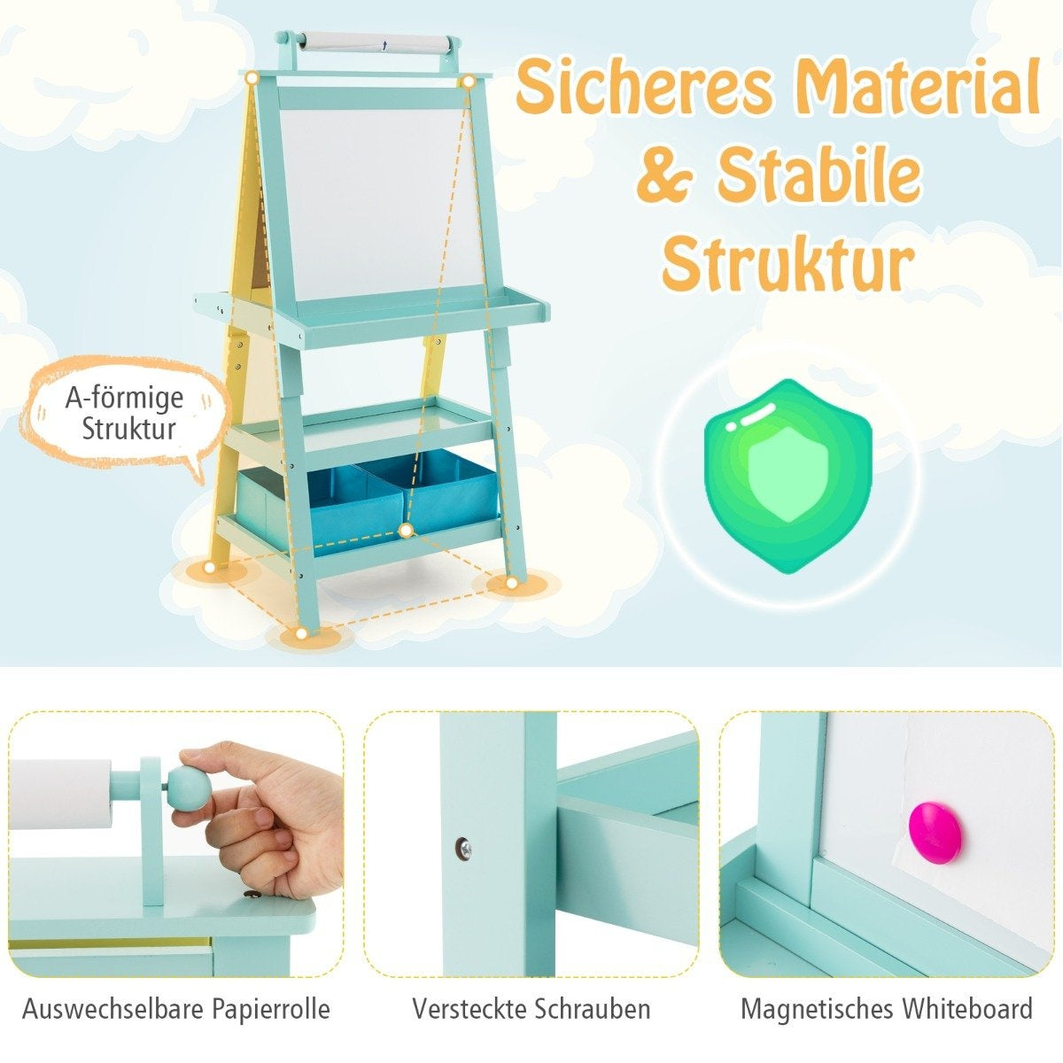 3 in 1 Children's Easel Double Sided Whiteboard & Chalkboard & Drawing Paper Yellow + Blue