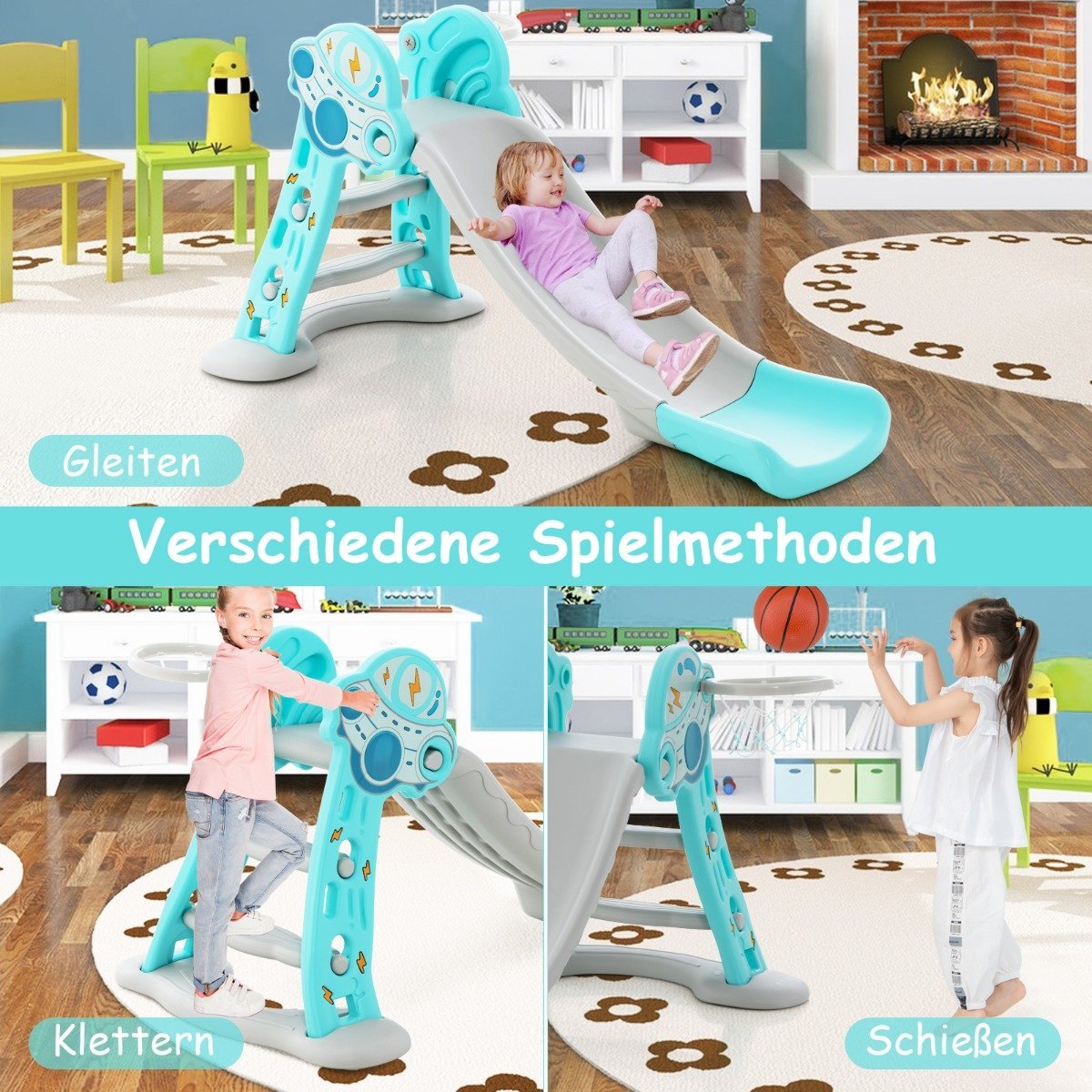 3 in 1 Children's Slide & Ladder & Basketball Hoop Folding Slide Playset with Buffer Zone Blue