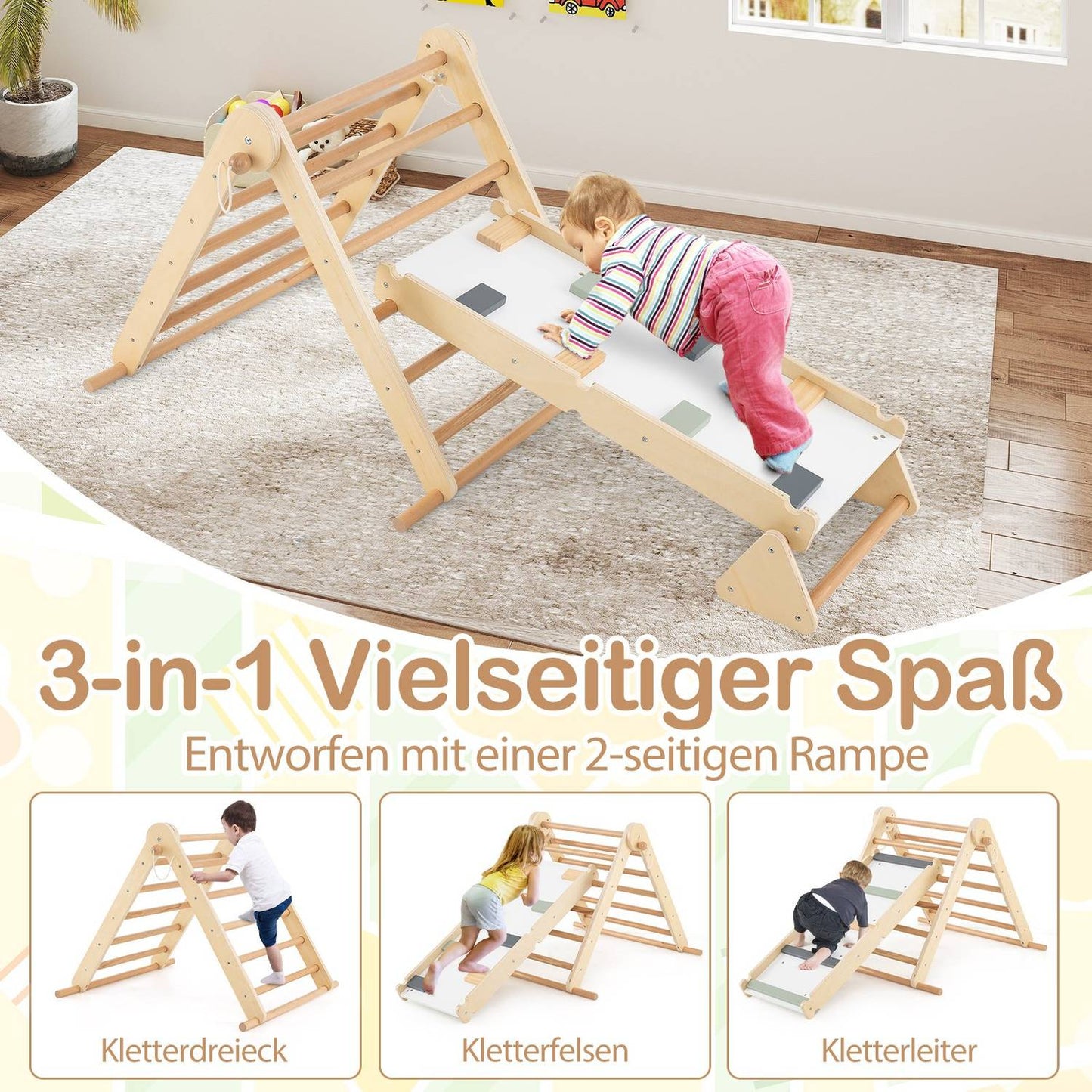3-in-1 Climbing Frame: Triangle, Ladder & Rocker, Foldable Wood