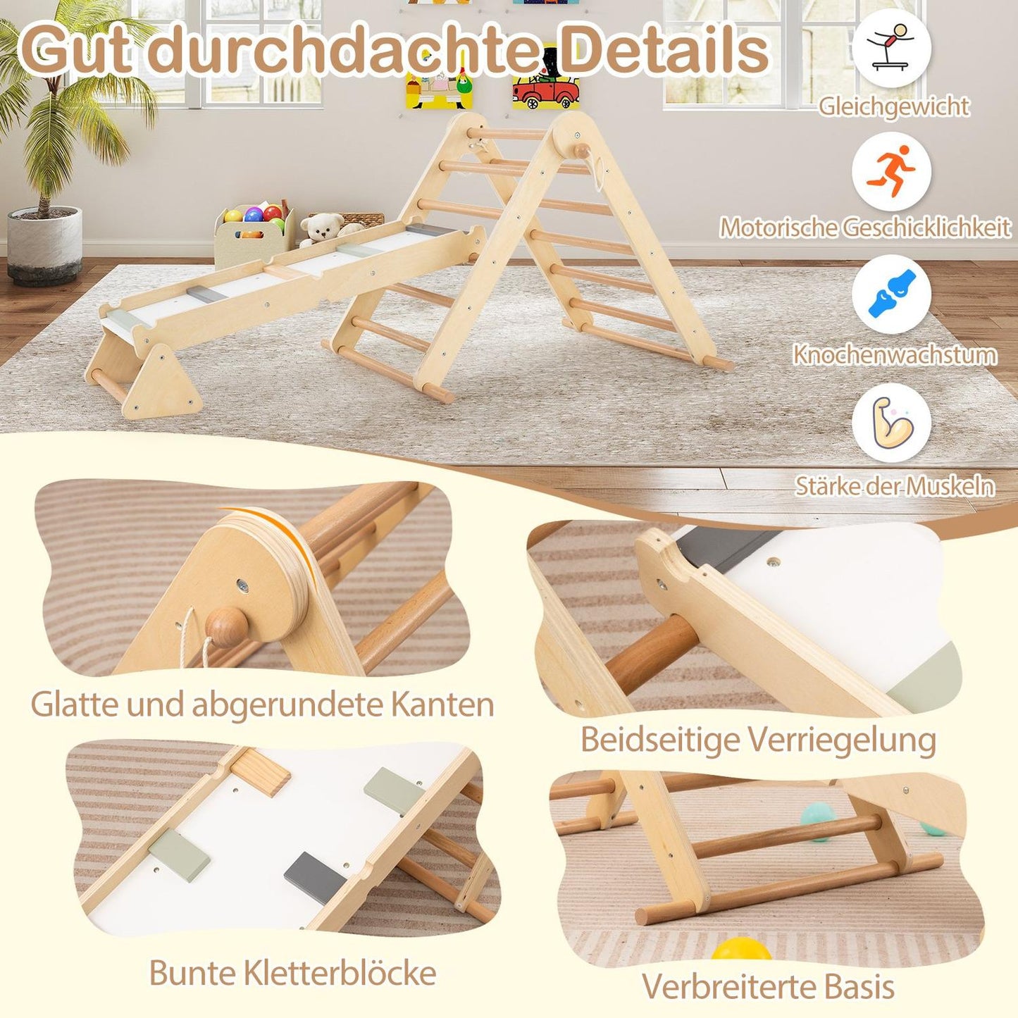 3-in-1 Climbing Frame: Triangle, Ladder & Rocker, Foldable Wood