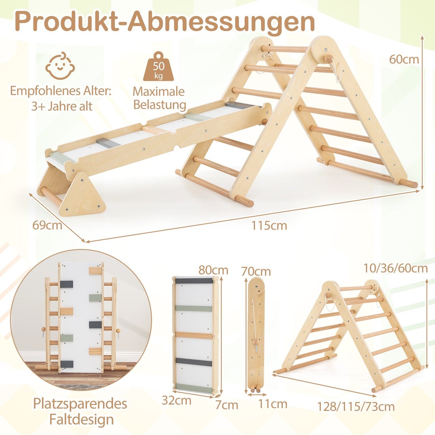3-in-1 Climbing Frame: Triangle, Ladder & Rocker, Foldable Wood