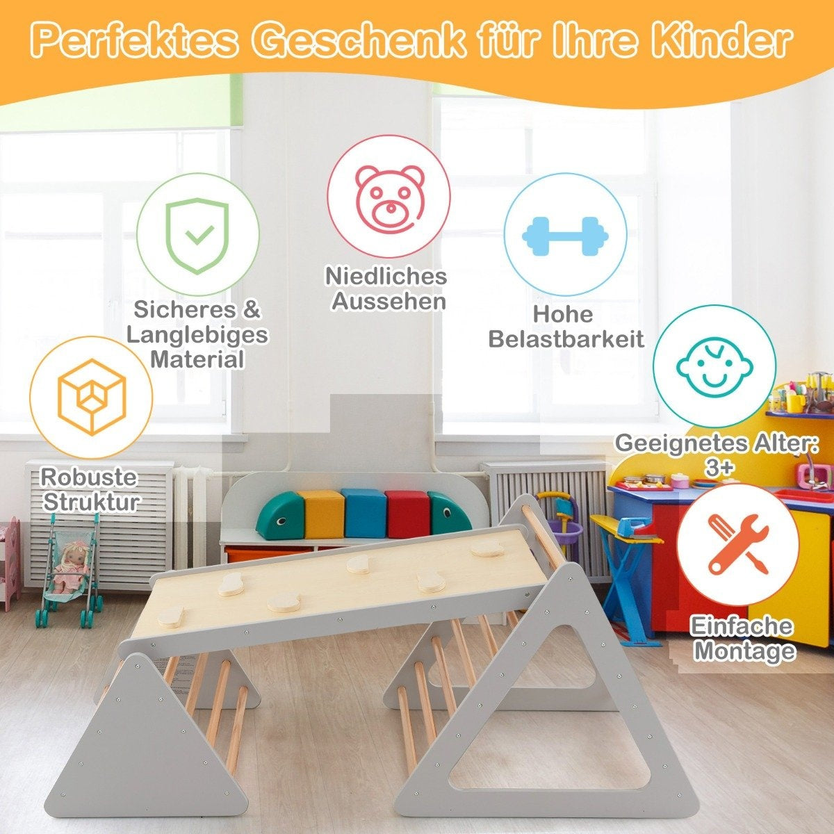 3 in 1 Climbing Toy Set for Toddlers Climbing Triangle & Ladder & Slide Climbing Frame Gray