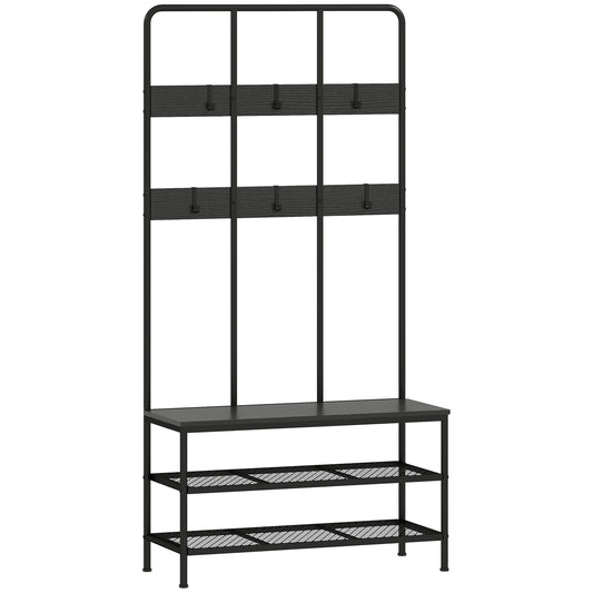 3-in-1 Coat Rack with Bench and Shoe Shelf, Black Metal