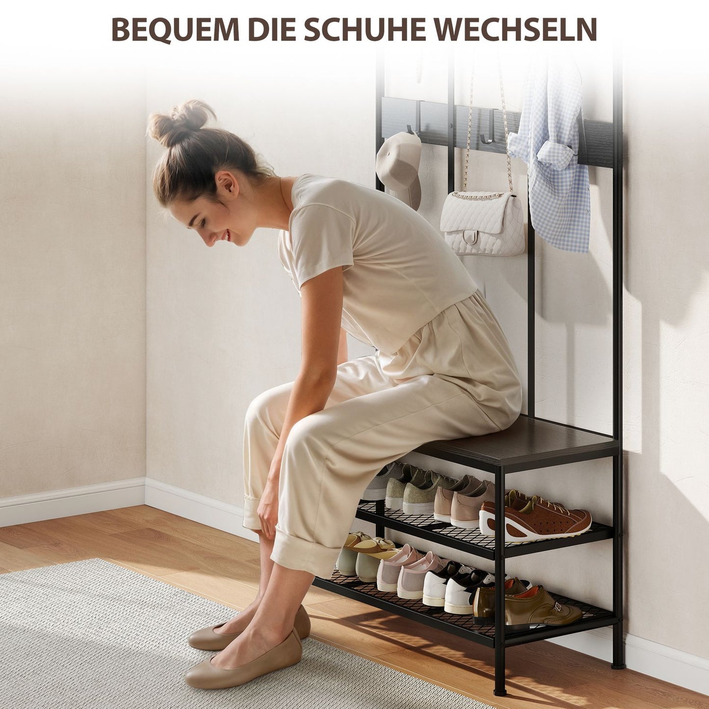 3-in-1 Coat Rack with Bench and Shoe Shelf, Black Metal