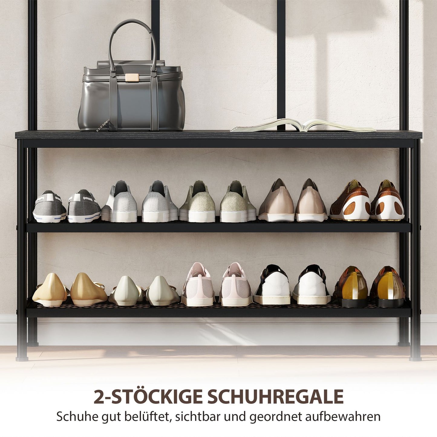 3-in-1 Coat Rack with Bench and Shoe Shelf, Black Metal