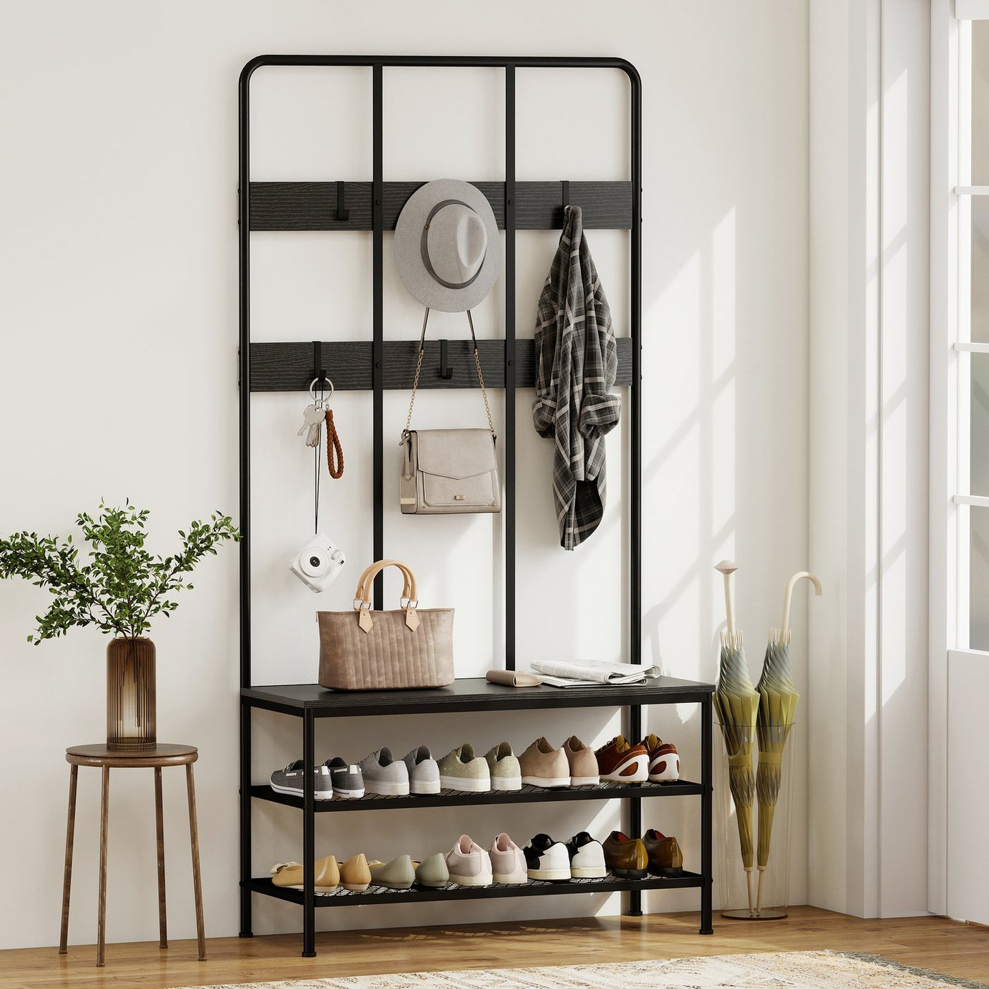 3-in-1 Coat Rack with Bench and Shoe Shelf, Black Metal