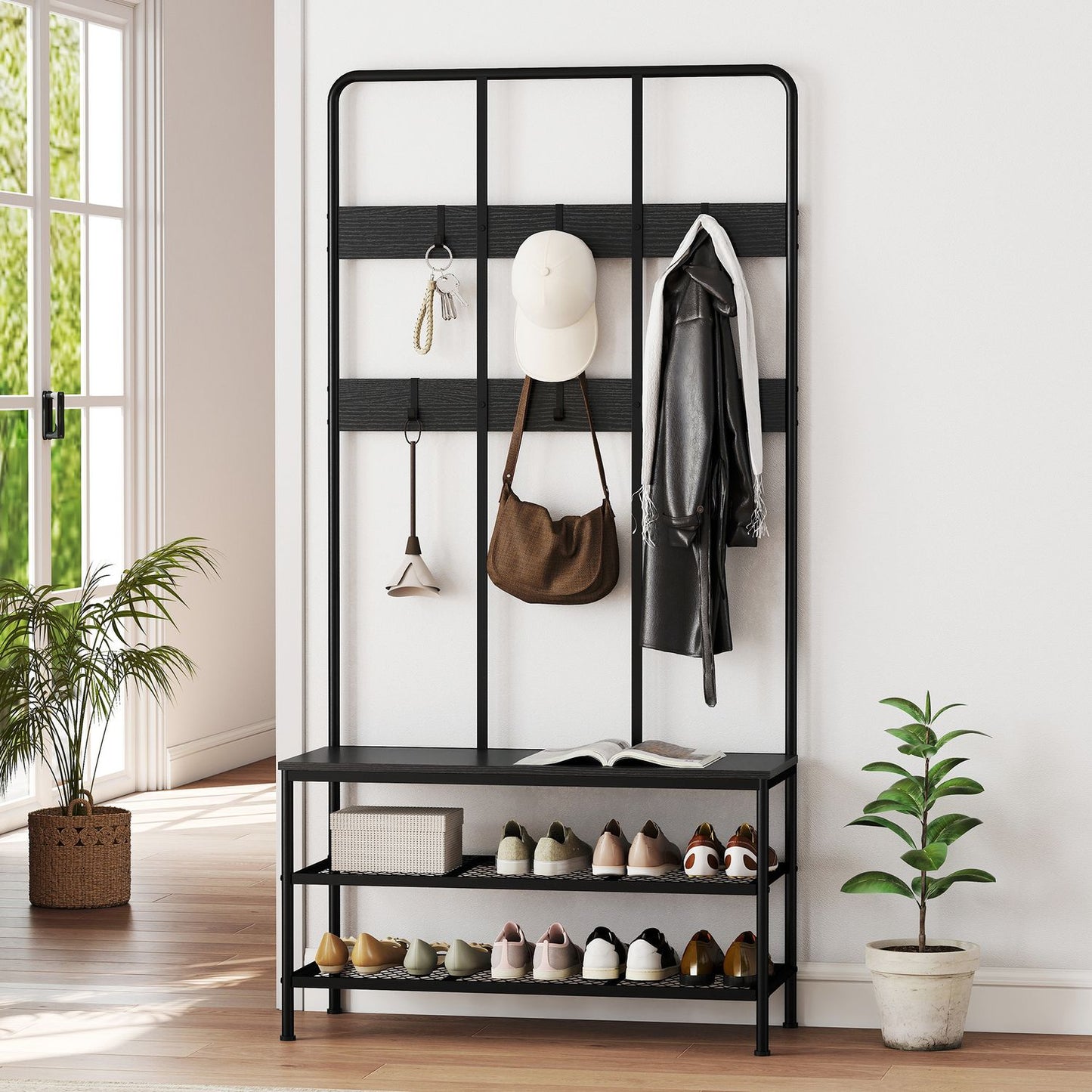 3-in-1 Coat Rack with Bench and Shoe Shelf, Black Metal