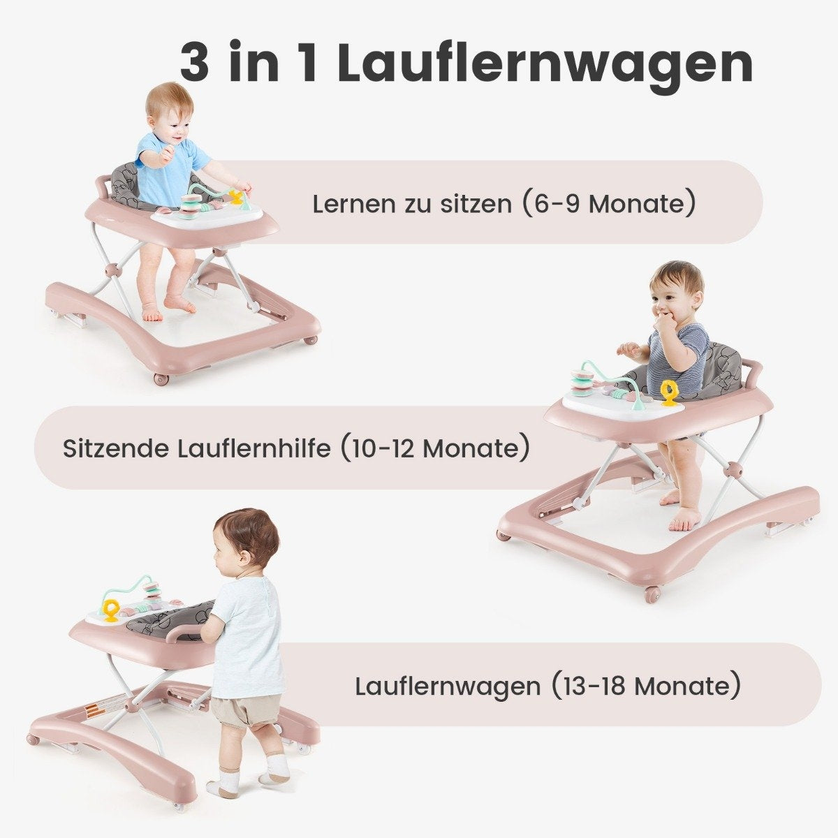3-in-1 Foldable Baby Walker, Adjustable Height & Speed