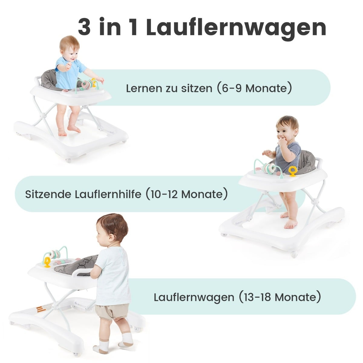 3-in-1 Foldable Baby Walker with Adjustable Height, Gray