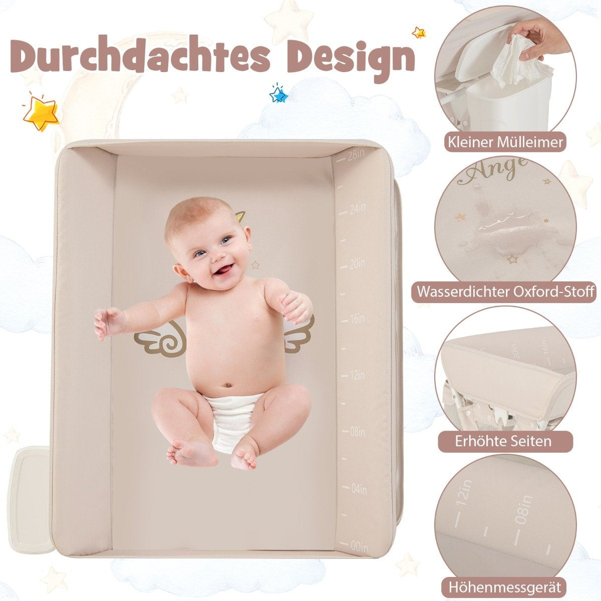 3 in 1 Folding Changing Table with Wheels &amp; Trash Can Mobile Changing Table Changing Station Beige