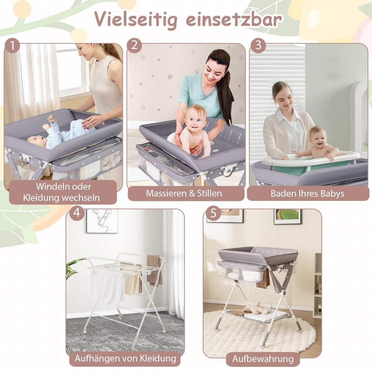 3 in 1 Folding Changing Table with Wheels &amp; Trash Can Mobile Changing Table Changing Station Gray