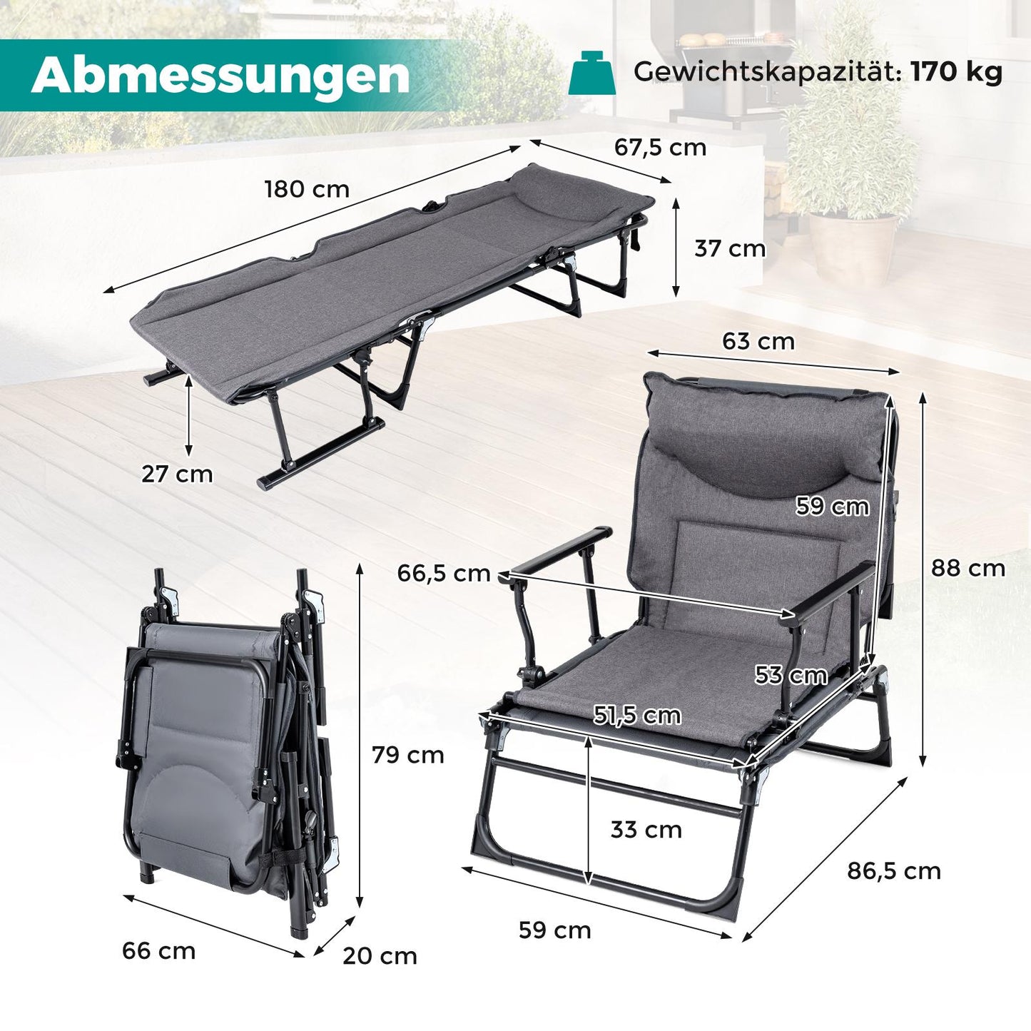 3 in 1 Folding Sun Lounger with Adjustable Backrest