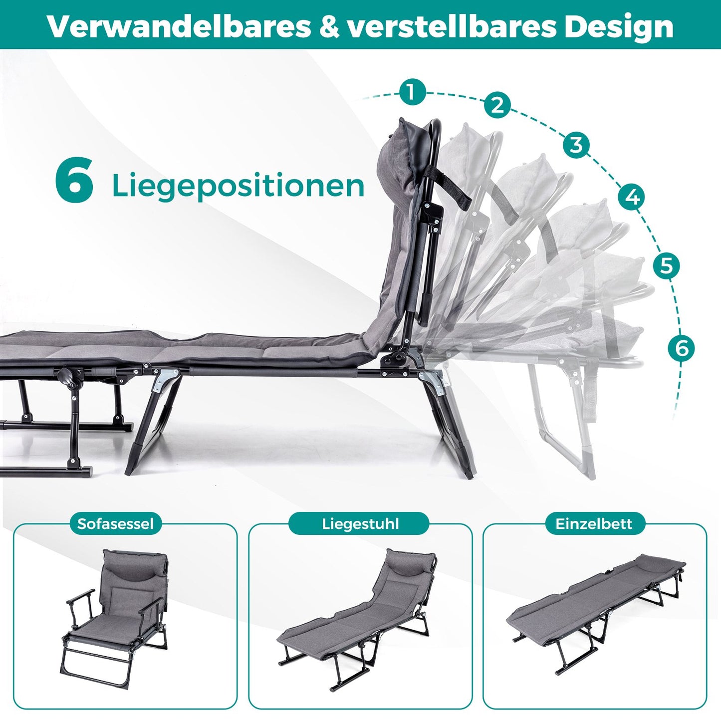 3 in 1 Folding Sun Lounger with Adjustable Backrest