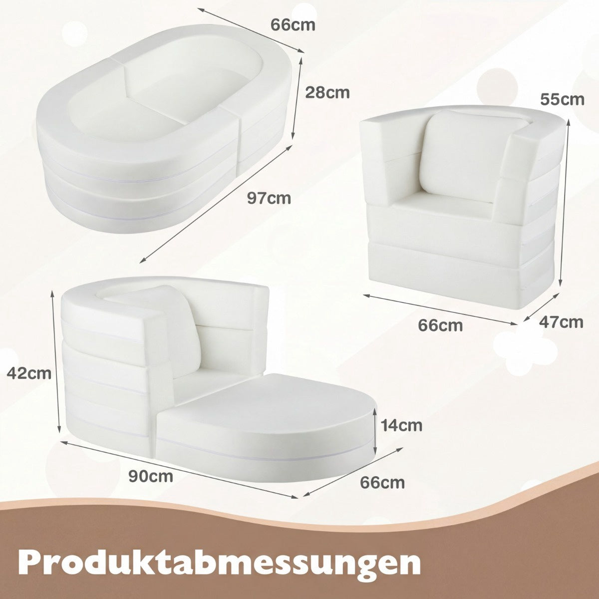 3-in-1 Kids Sofa Bed with Soft Foam & Pillow, Beige