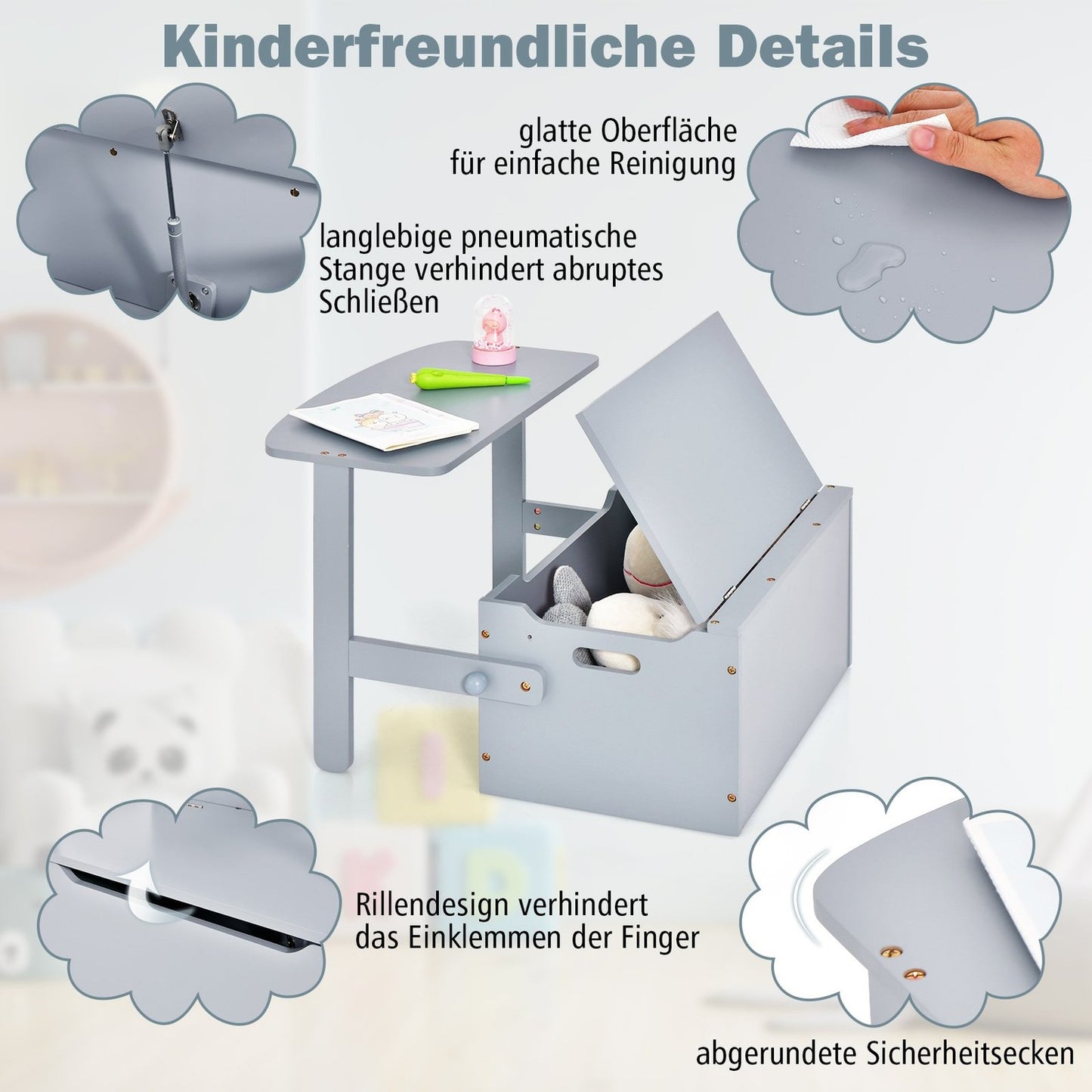 3-in-1 Kids Table Set with Storage, Wood, Gray
