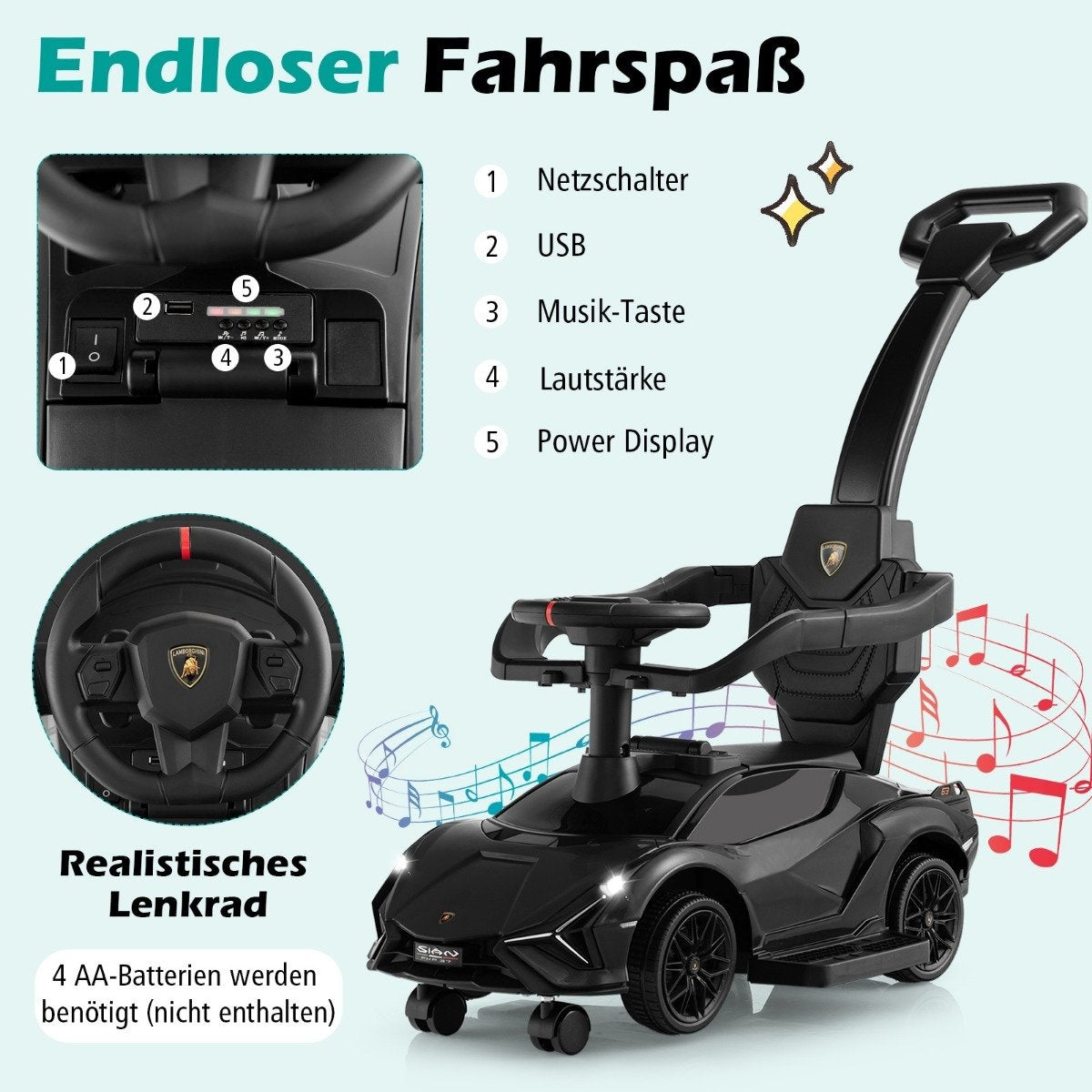 3-in-1 Lamborghini ride-on car push car with headlights &amp; Music &amp; Black storage space