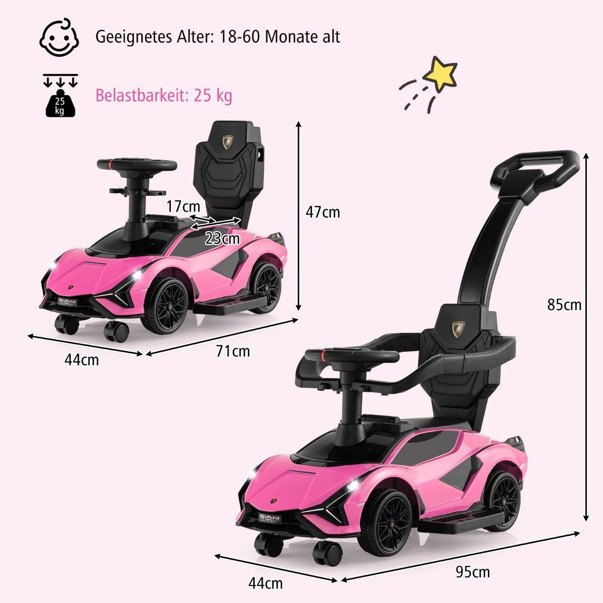 3-in-1 Lamborghini ride-on car push car with headlights &amp; Music &amp; Pink storage space