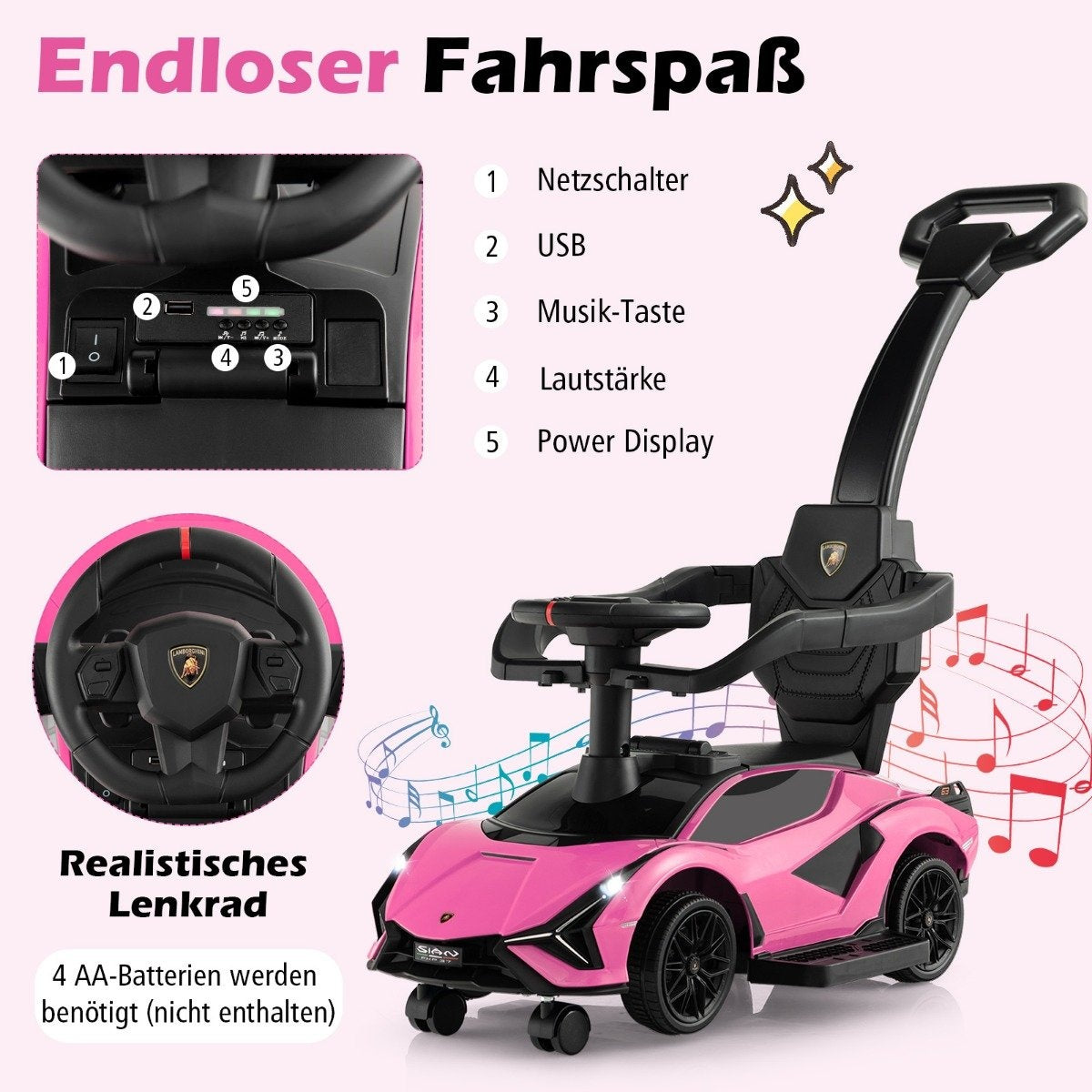 3-in-1 Lamborghini ride-on car push car with headlights &amp; Music &amp; Pink storage space