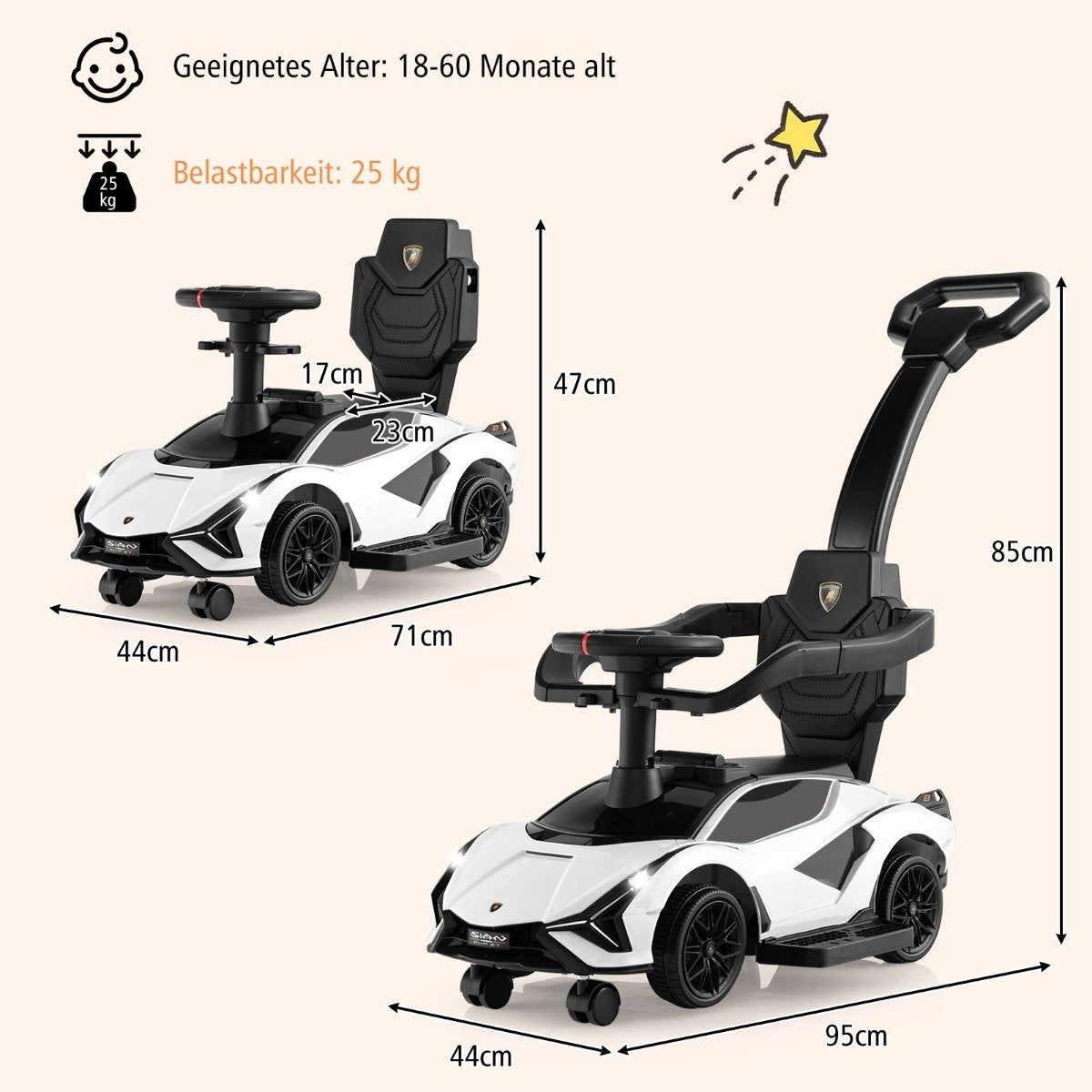 3-in-1 Lamborghini ride-on car push car with headlights &amp; Music &amp; White storage space