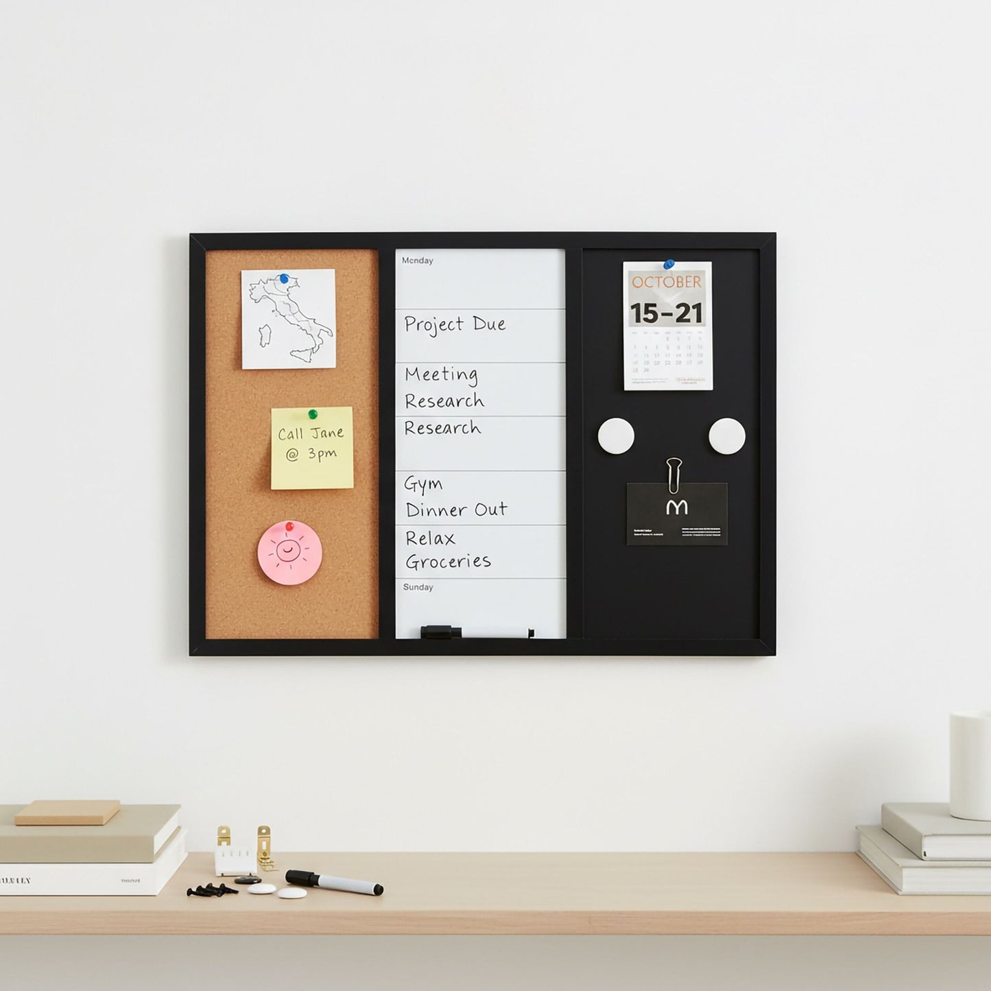 3-in-1 Memo Board with Cork, Whiteboard, Planner