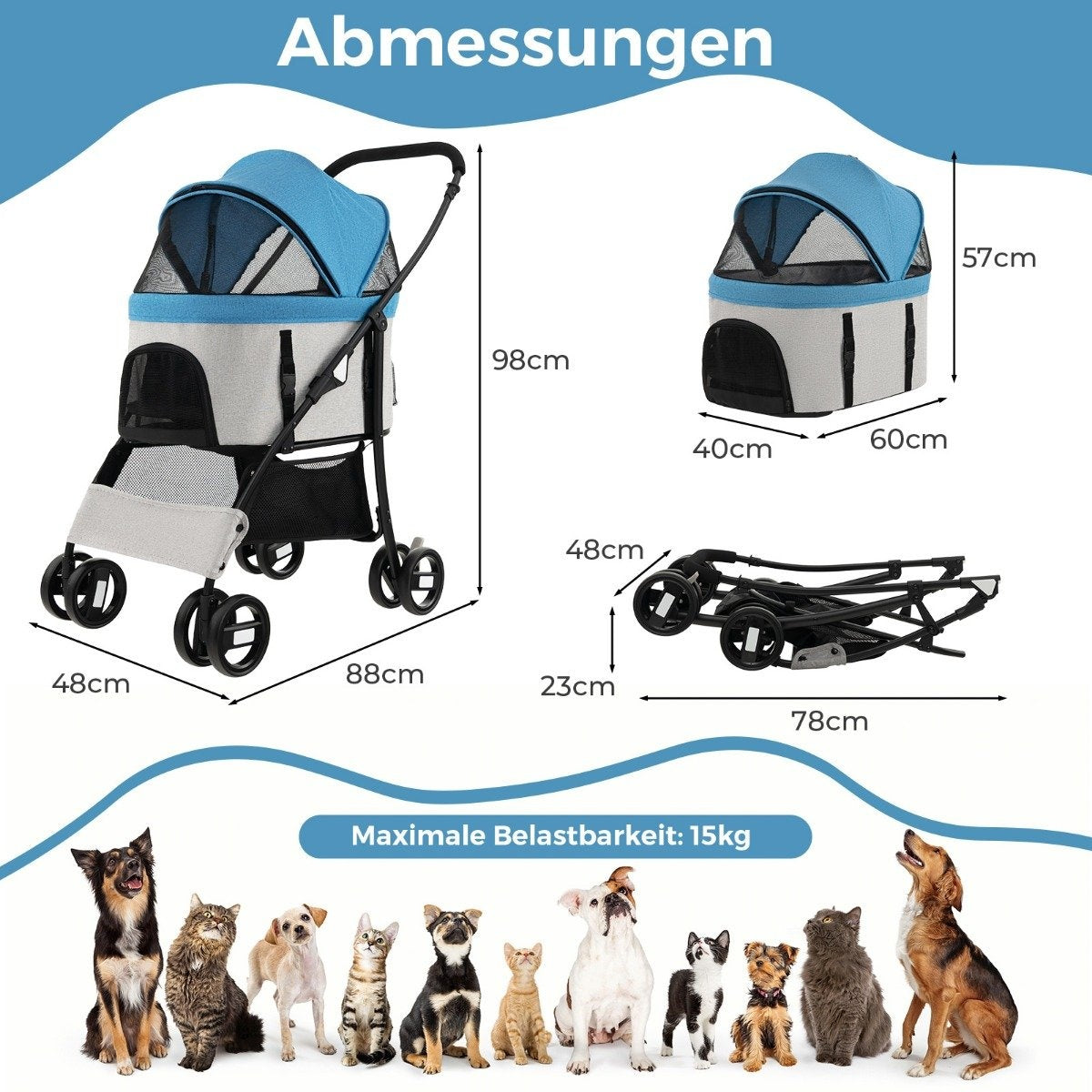 3-in-1 Pet Stroller, Foldable, Up to 15kg, Blue