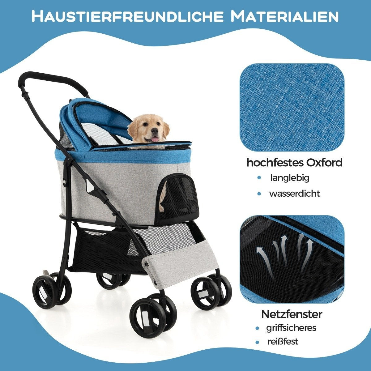 3-in-1 Pet Stroller, Foldable, Up to 15kg, Blue