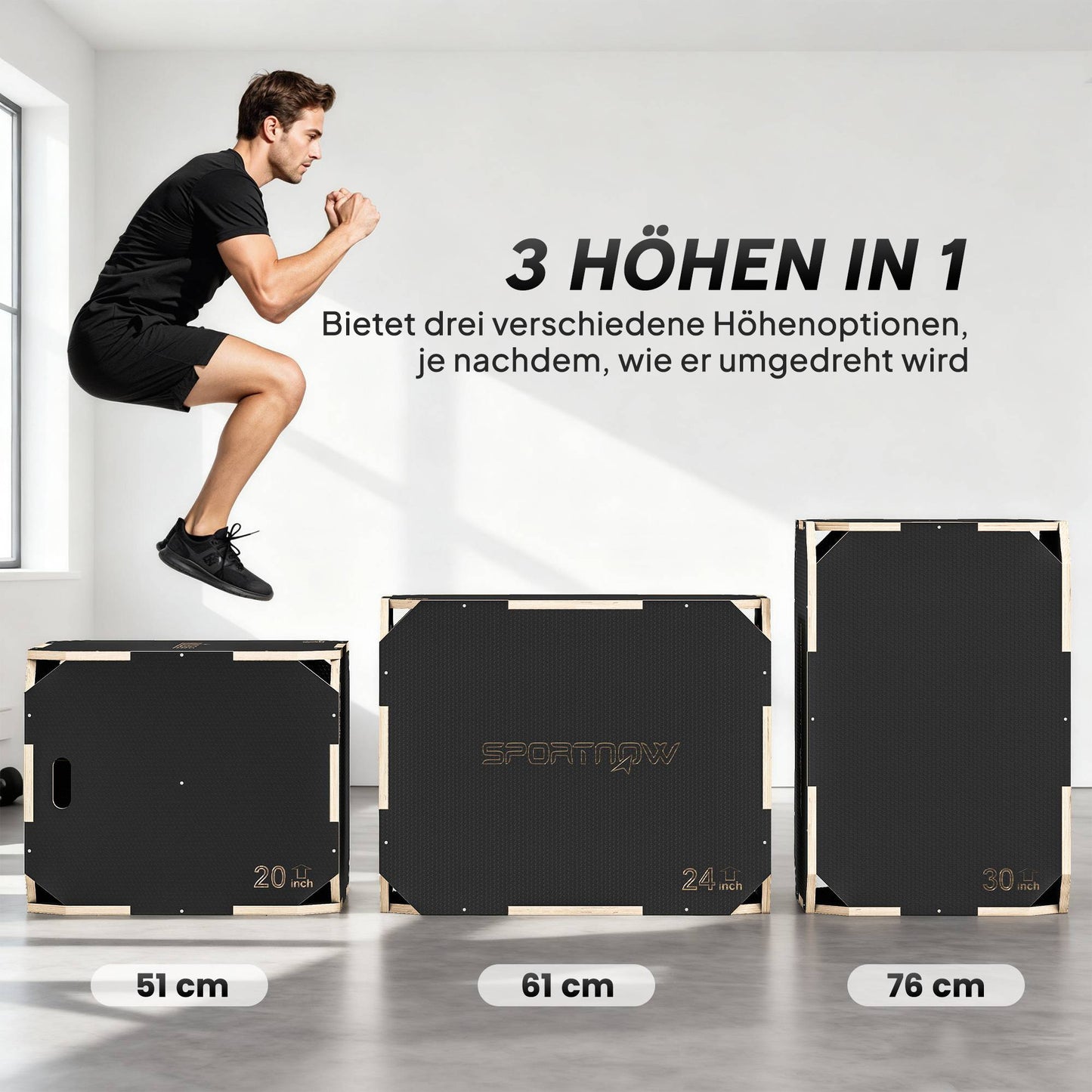 3-in-1 Plyo Box with Handles, Wood, Black, 3 Heights