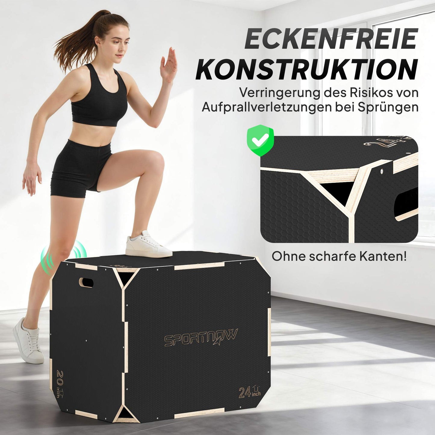 3-in-1 Plyo Box with Handles, Wood, Black, 3 Heights