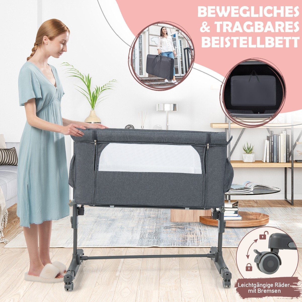 3-in-1 Portable Baby Crib with Adjustable Height & Mesh