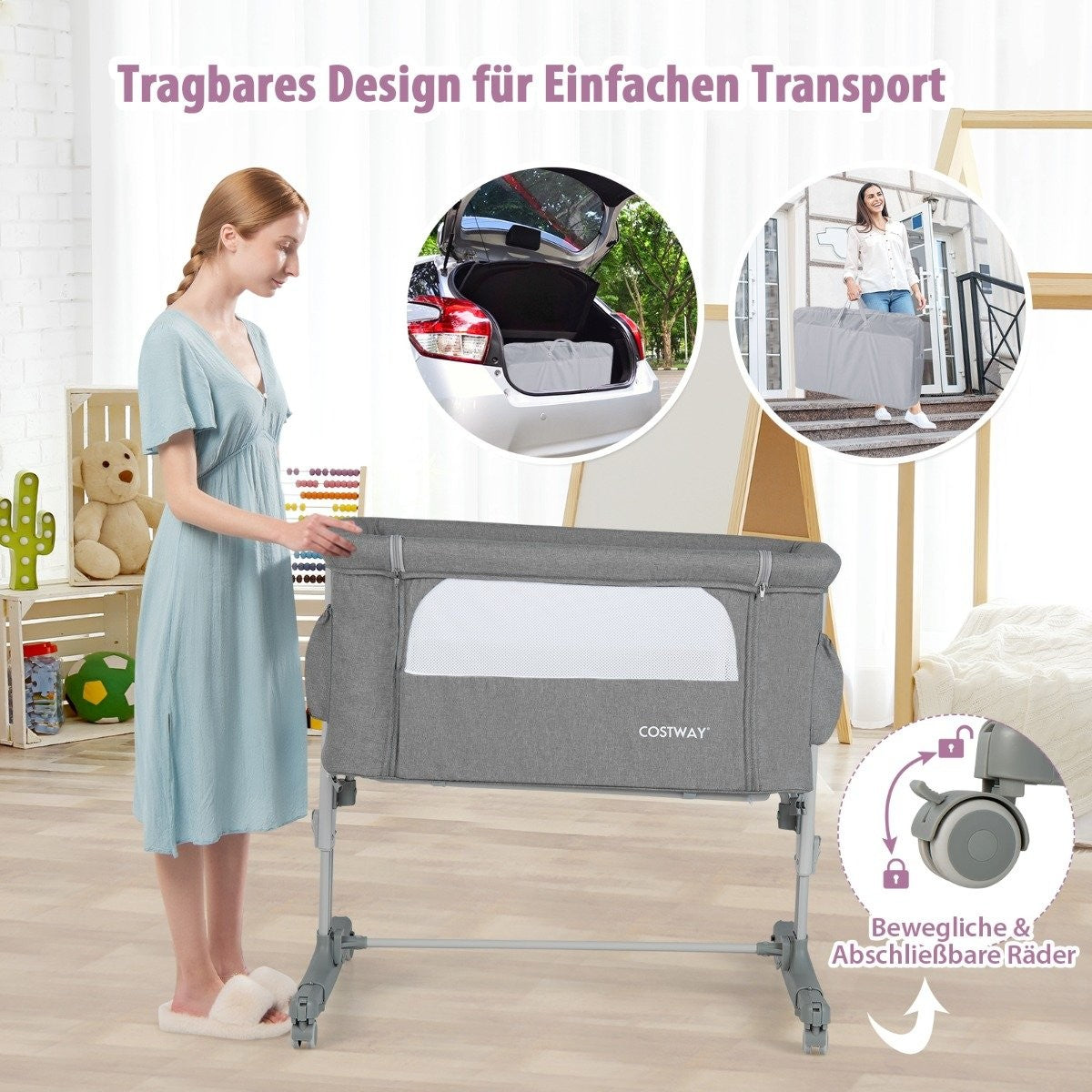 3-in-1 Portable Baby Crib with Adjustable Height & Mesh