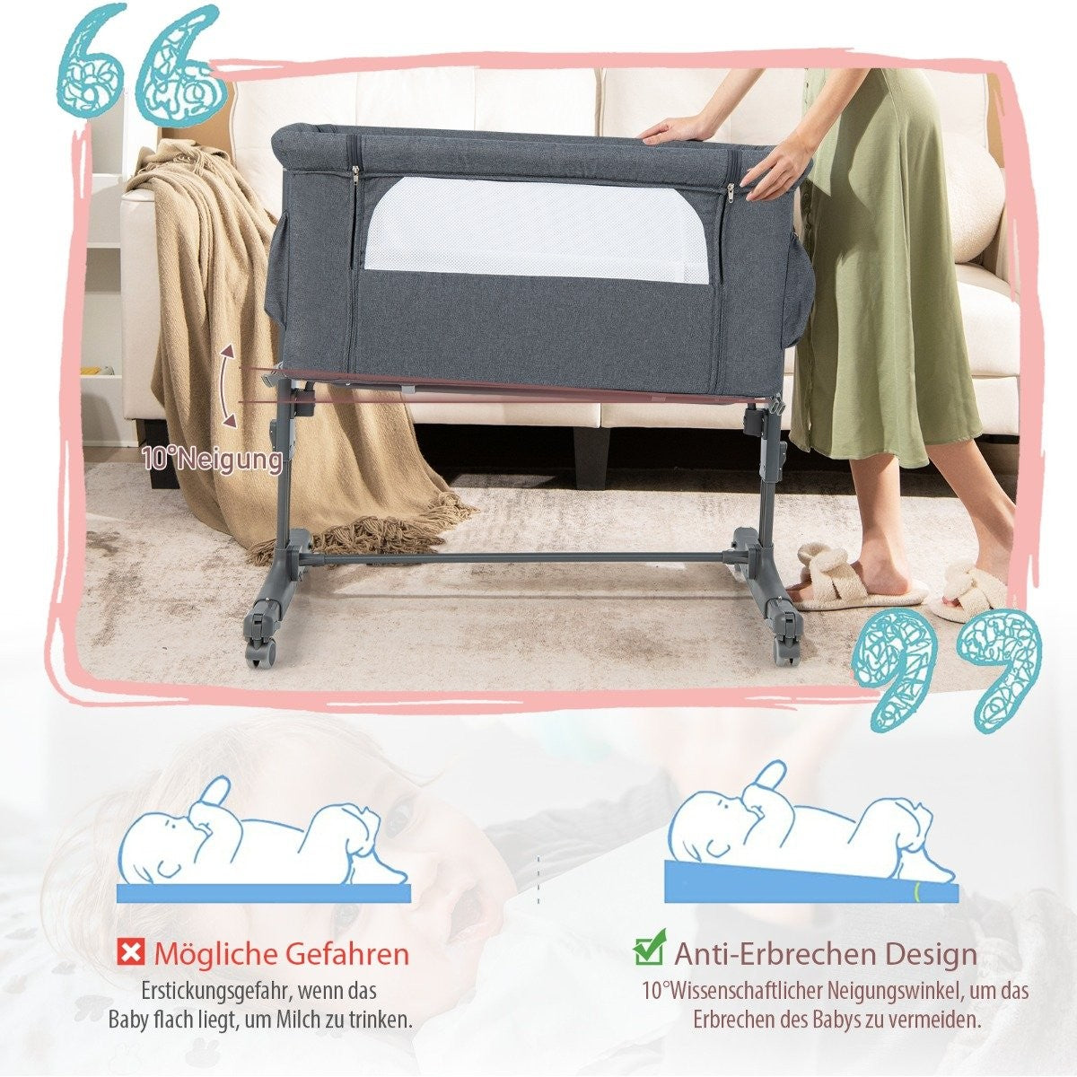 3-in-1 Portable Baby Crib with Adjustable Height & Mesh