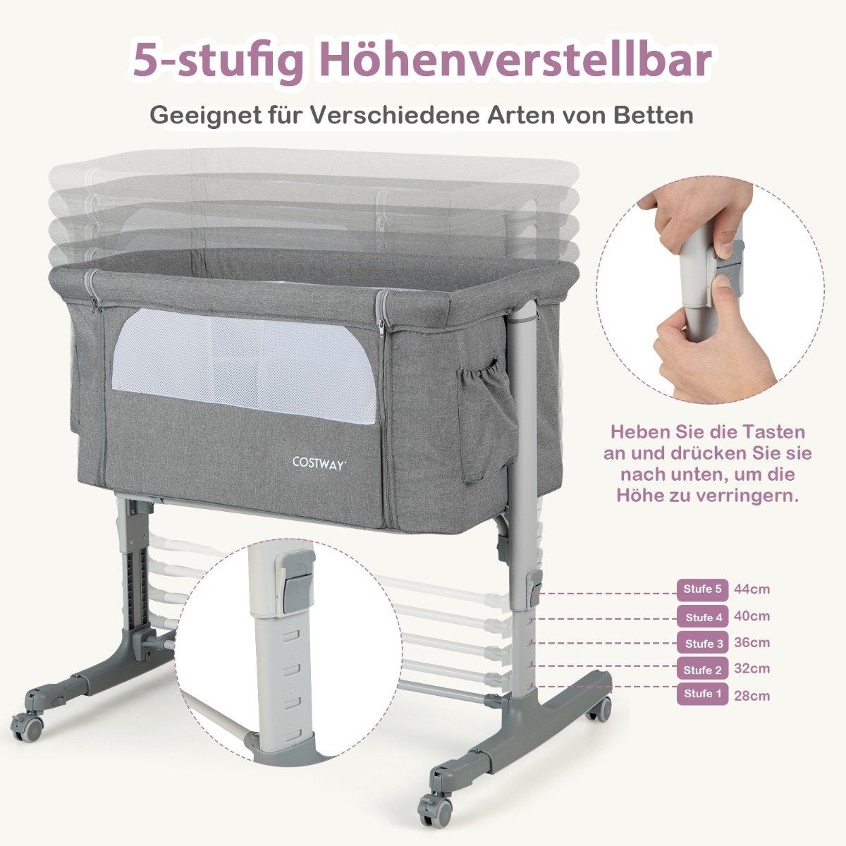 3-in-1 Portable Baby Crib with Adjustable Height & Mesh