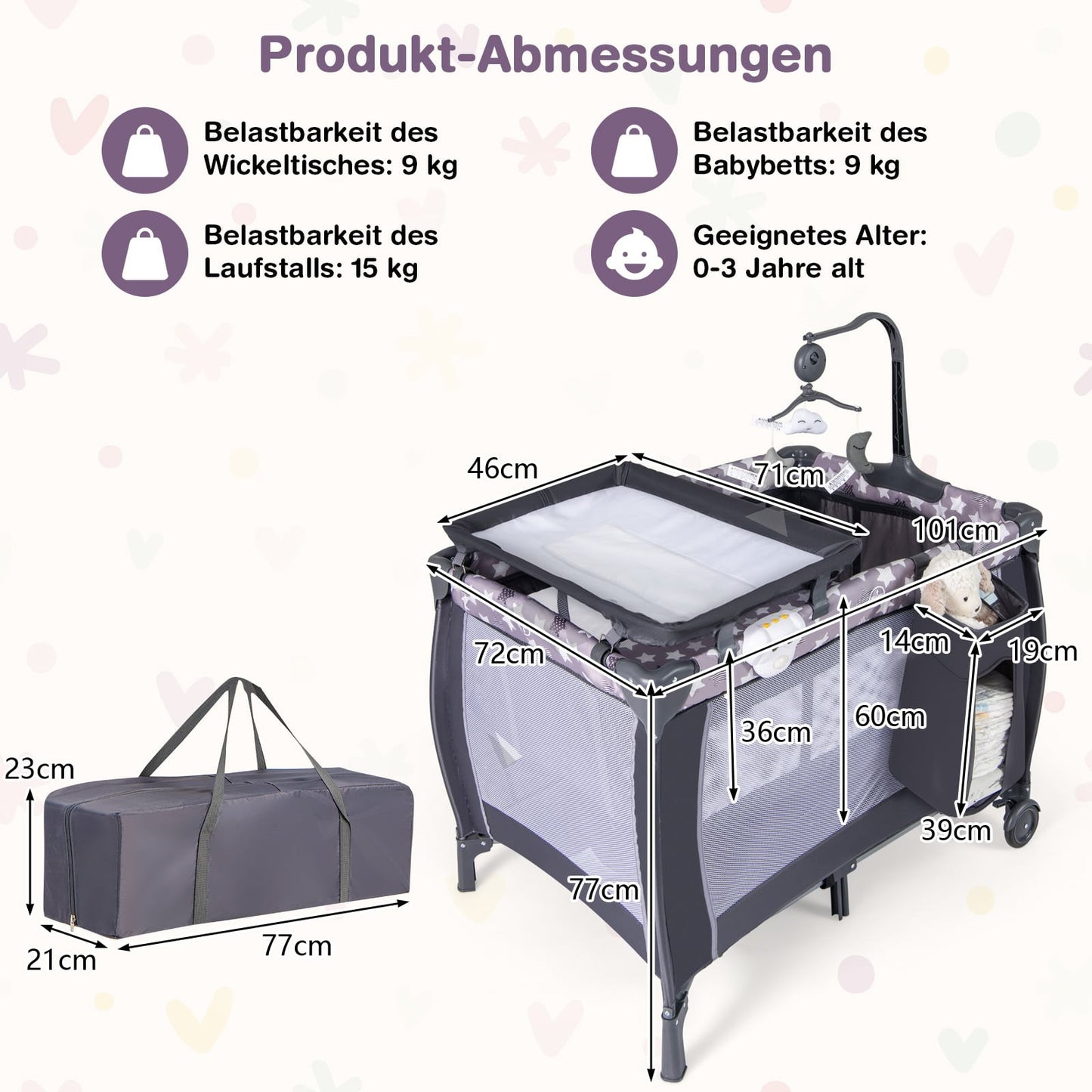 3-in-1 Portable Baby Crib with Mattress & Toys, Grey